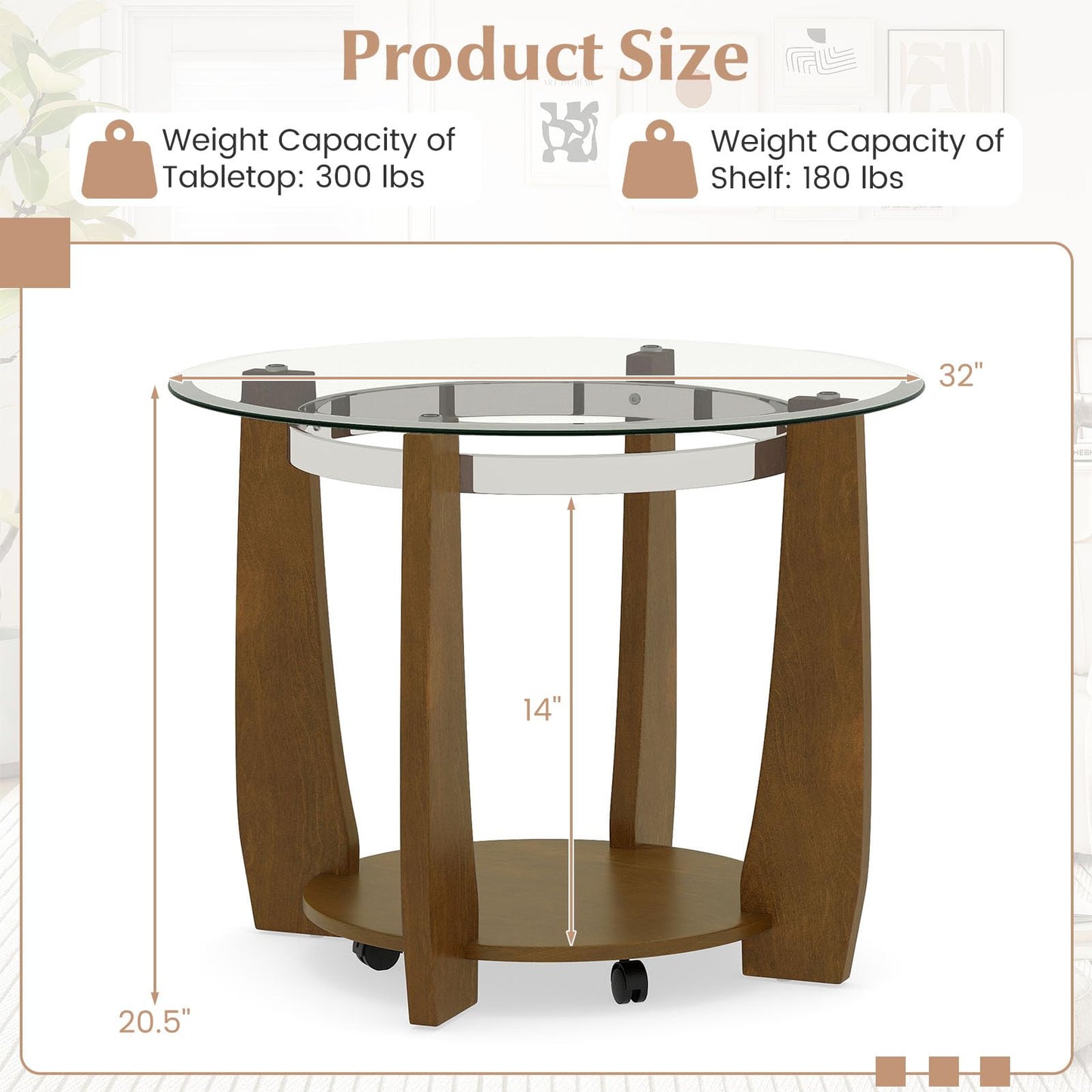 Giantex Round Glass Coffee Table, 32" Rolling Center Tables with Wheels, 2-Tier Cocktail Tea Table with Storage Shelf, Solid Rubber Wood Legs, Tempered Glass Top, Modern Living Room Tables (Walnut)