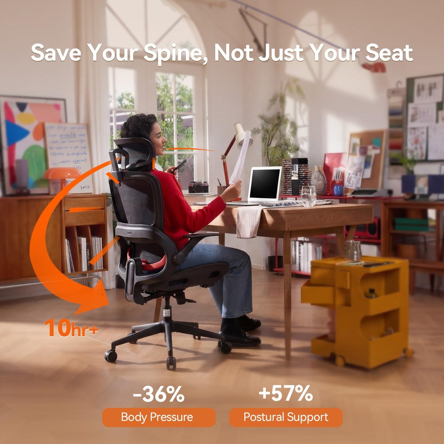 SIHOO B100 Office Chair, Comfy Ergonomic Office Chair, Computer Chair with Adaptive Lumbar Support & Wide Headrest, Flip-up Armrests, Swivel Desk Chair for Long Hours, Without Footrest, Black