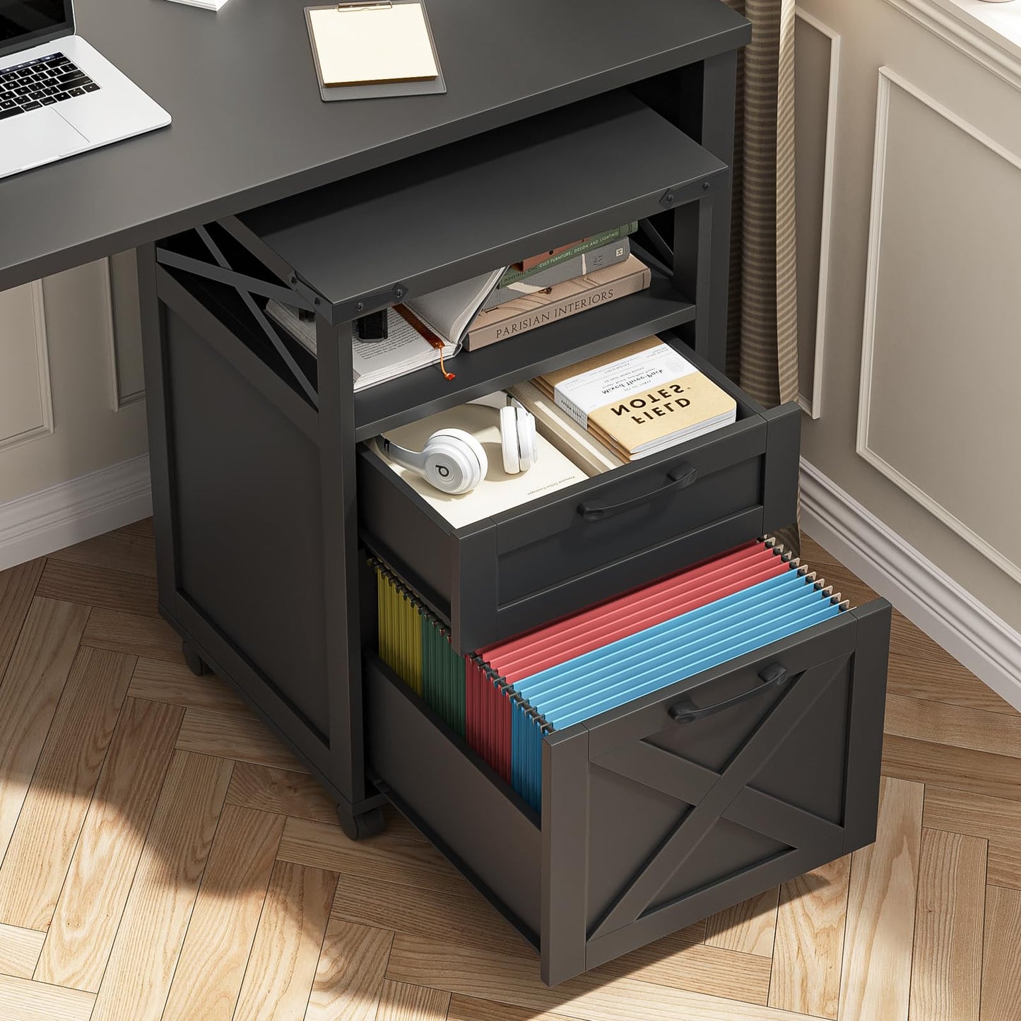Farmhouse Filing Cabinet with Open Storage Space & Wheels,Printer Stand for Hanging A4/Files Letter,Office Filing Vertical Cabinet with 3 Drawers,Under Desk Storage Cabinets for Home Office.Black