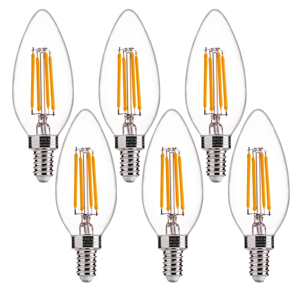 FLSNT 60W Equivalent LED Chandelier Light Bulbs, Dimmable, E12 Base, Clear B11 LED Filament Candelabra Bulbs, 2700K Soft White, 6 Pack