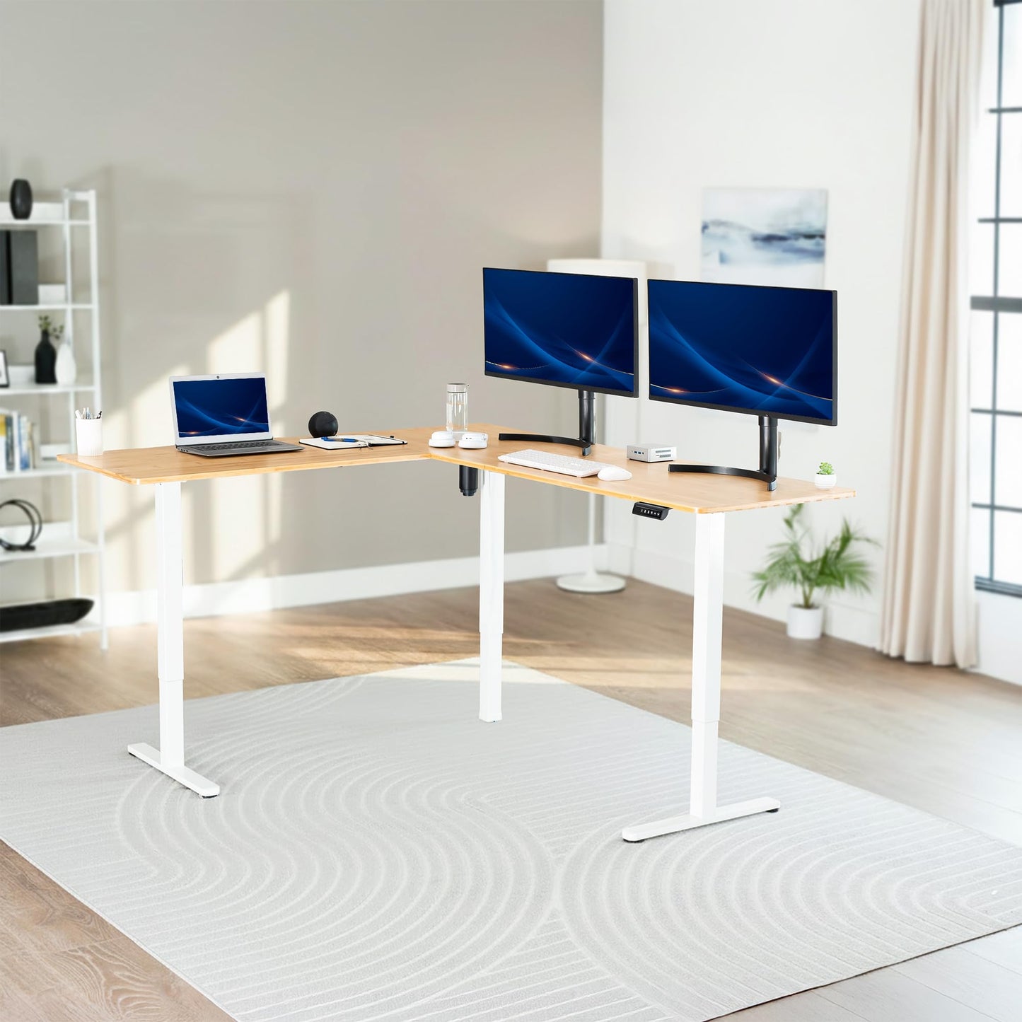 VIVO Corner Standing Desk, 75 x 63 inch Reversible L-Shaped Workstation, Electric Height Adjustment, Home, Office, and Reception Rooms, Real Bamboo Table Top White Frame, DESK-E3CTWO-75