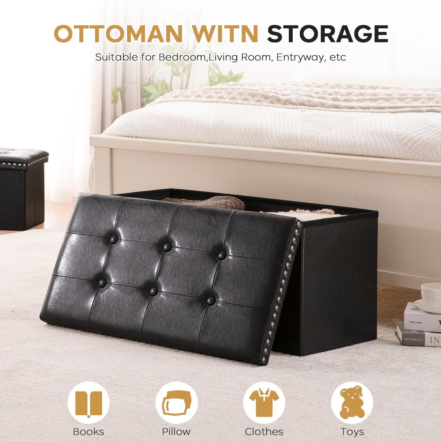 oakvivo Folding Storage Ottoman Bench 30in, Leather Foot Rest Stools Ottoman with Storage, Coffee Table, End of Bed Bench Footstool for Living Room, Bedroom, Load 330 lb, 30x15x15 inches, Black
