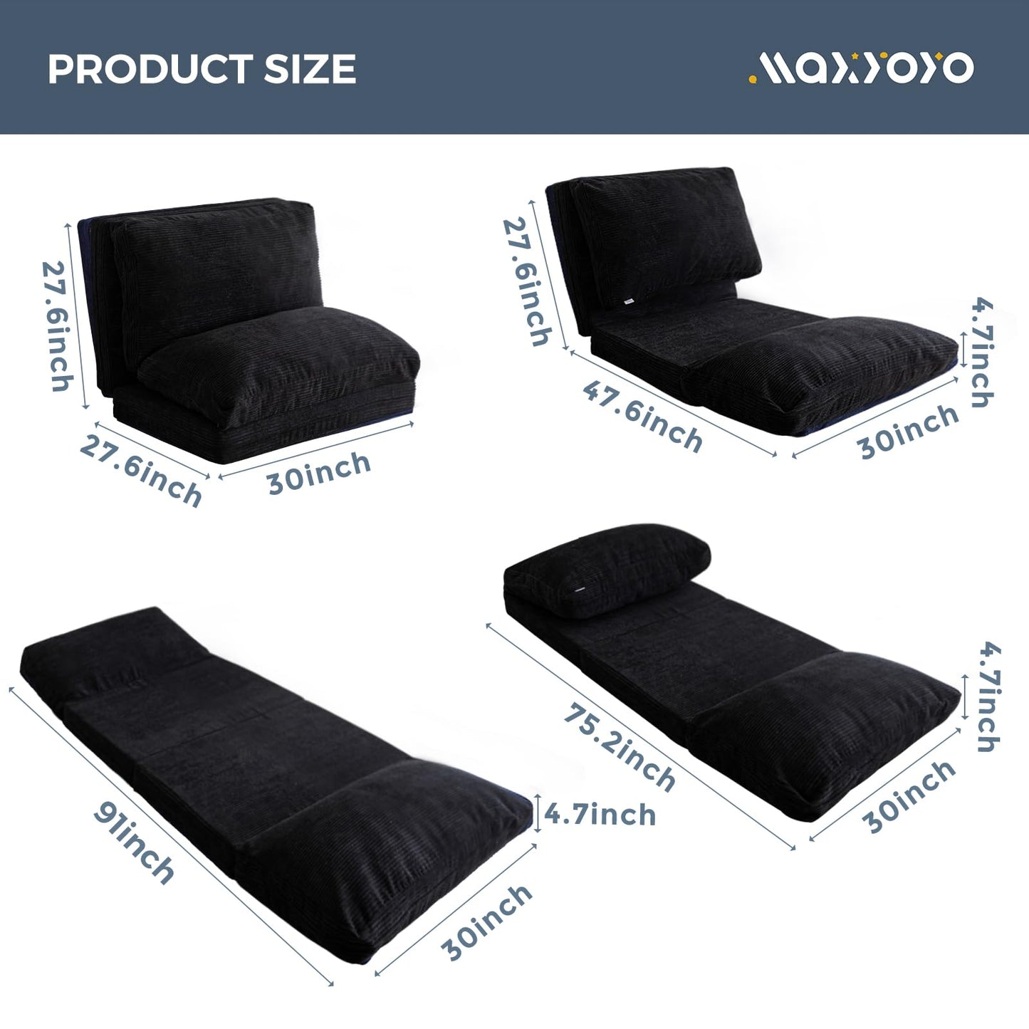 MAXYOYO Folding Sofa Bed, Extra Thick and Long Floor Sofa Convertible Chair with Washable Cover, Floor Couch Lounge Bean Bag Bed for Living Room, Black, 30"x91"