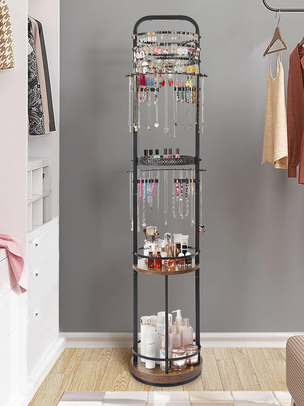 Jewelry Holder Organizer, Floor Jewelry Organizer with Earring Organizer Necklace Holder, Rotating Jewelry Stand Necklace Display Earring Storage, Large Hanging Jewelry Tree for Jewlery Bracelet Ring