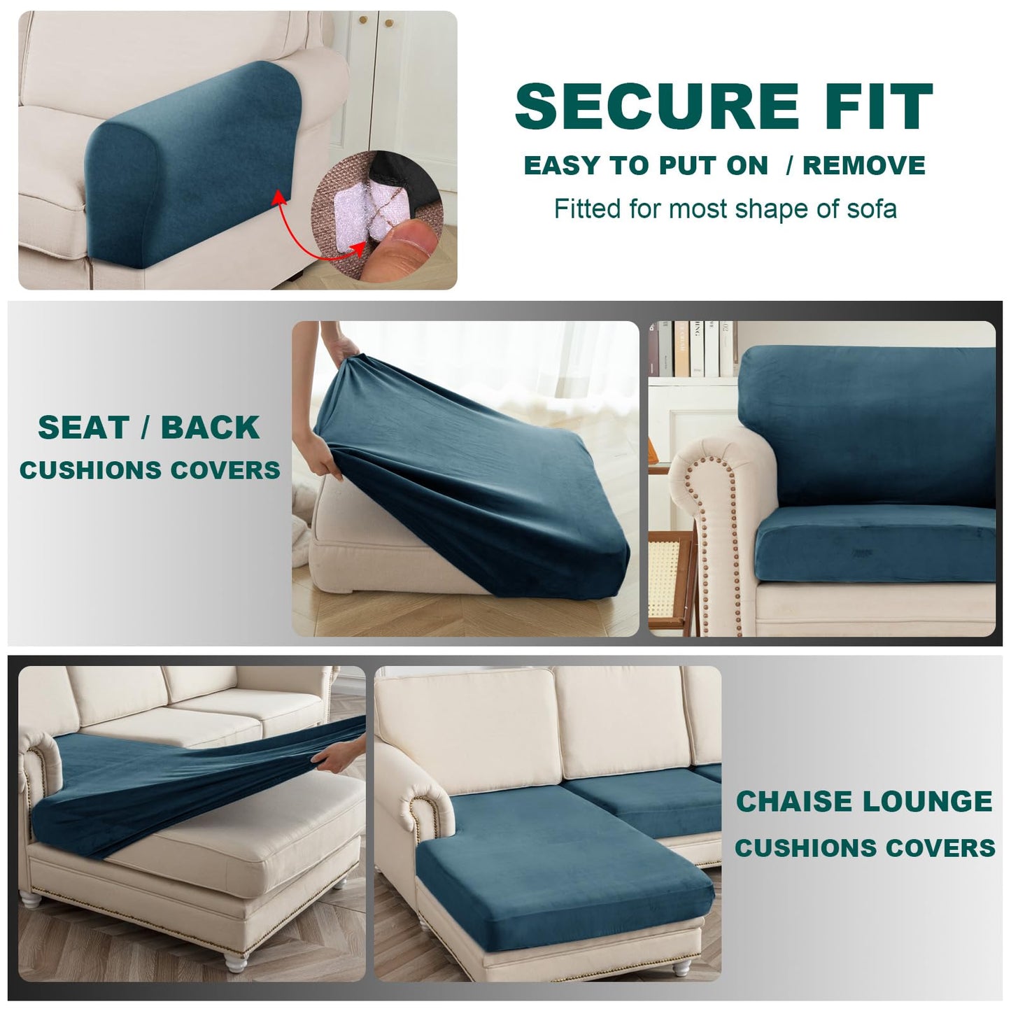 10 Pieces Sofa Cushion Covers for U-Shaped Modular Sectional Couch with 4 Seat+4 Back+2 Arms, Stretch Velvet Upholstered Covers for Sofa Bed with Deep Double Chaise (Blue,Universal (10 Pieces))