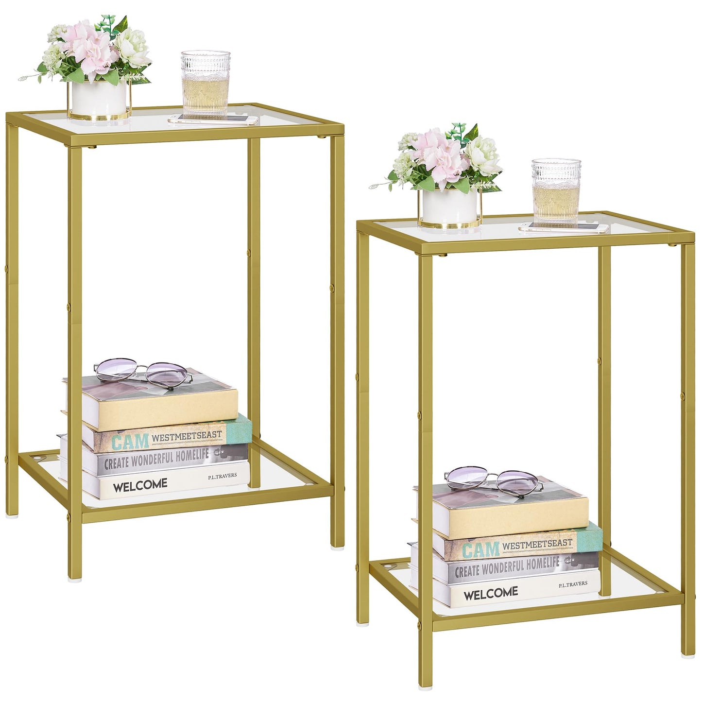 HOMSHO Side Tables Set of 2, End Tables with Tempered Glass, 2-Tier Nightstands with Storage Shelves, Coffee Table with Modern Style, Slim Sofa Table for Living Room, Bedroom, 11.8" D x 15" W, Gold