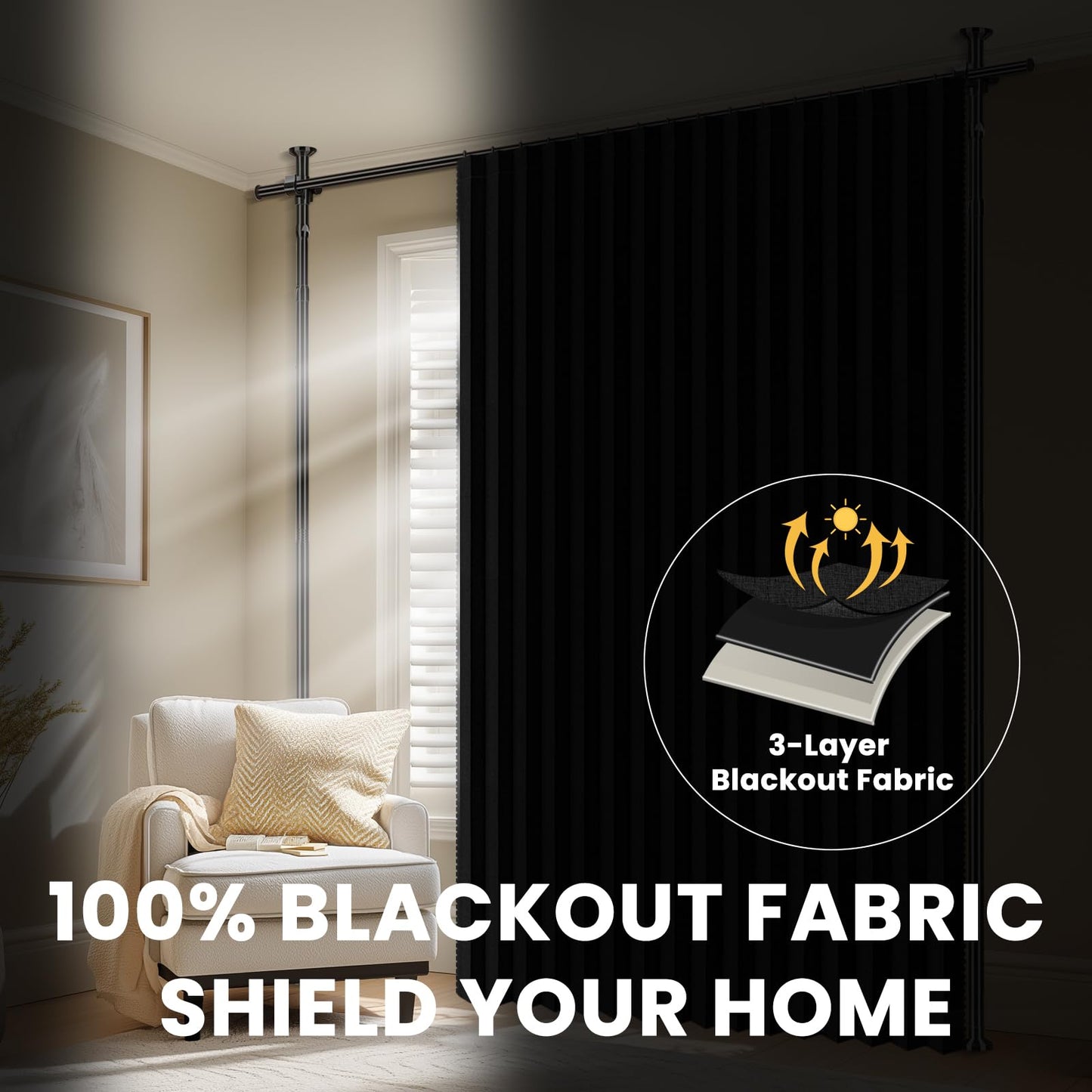 100% Blackout Room Divider Curtains Sets Black 2 Panels W100 x L84in No Drill Curtain Rods(H) 43-120×(W) 35-200 in for Studio Apartment Dorm Office