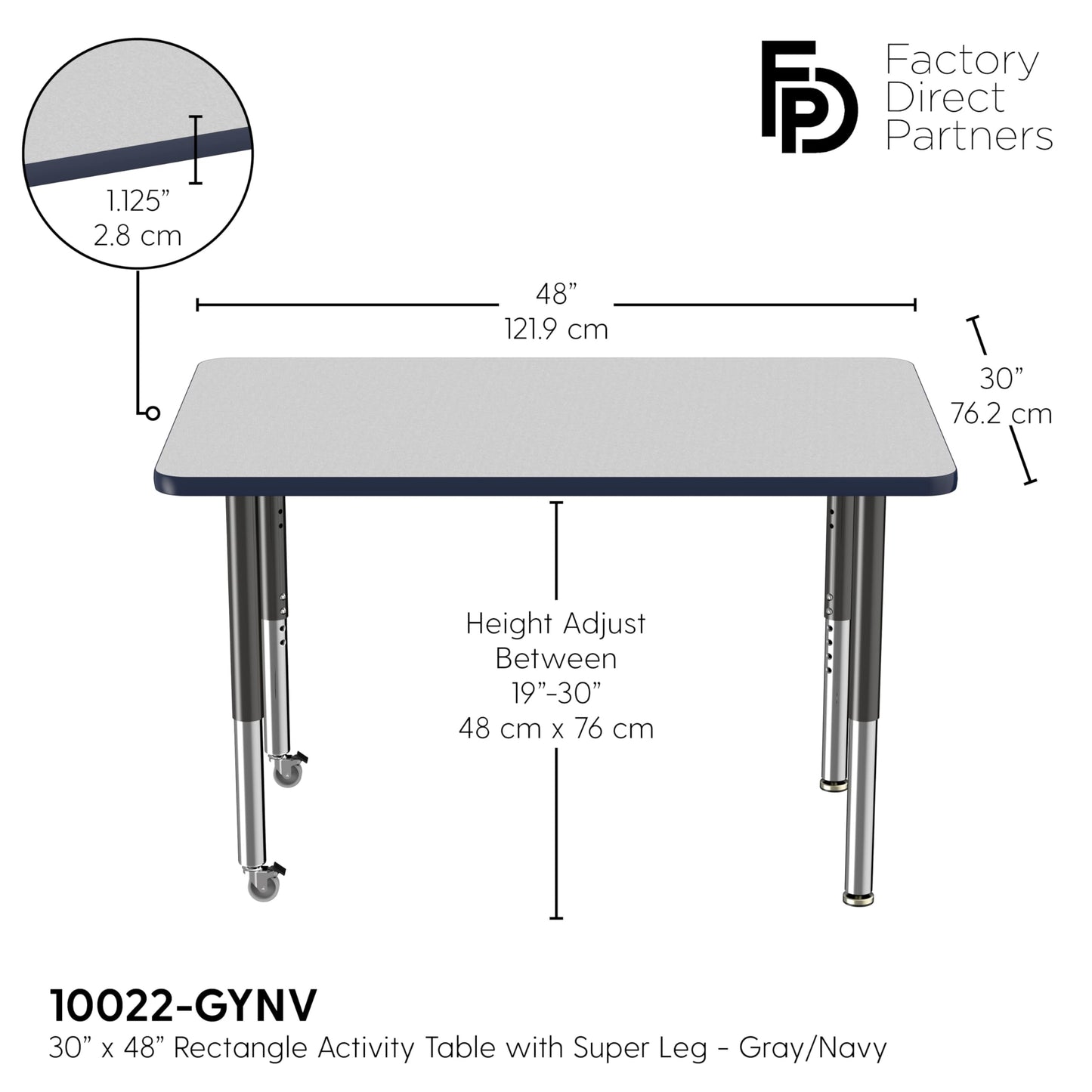 Factory Direct Partners FDP Mobile Rectangle Activity School and Office Table (30 x 48 inch), Super Legs with Glides and Casters, Adjustable Height 19-30 inches - Gray Top and Navy Edge