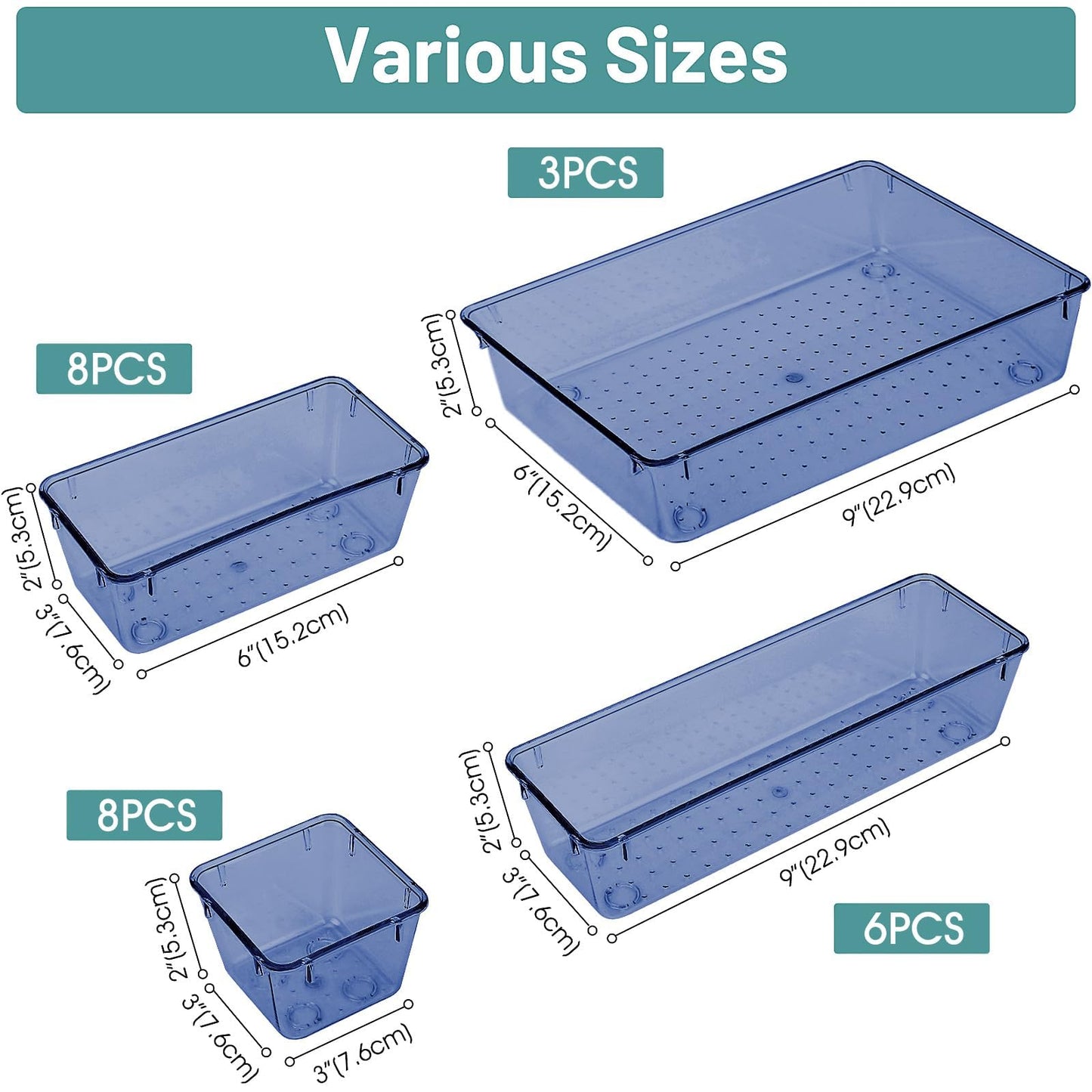 WOWBOX 25 PCS Plastic Drawer Organizer Set, 4 Sizes Desk Drawer Divider Organizers and Storage Bins for Makeup, Jewelry, Gadgets for Kitchen, Bedroom, Bathroom, Office, Clear Dark Blue