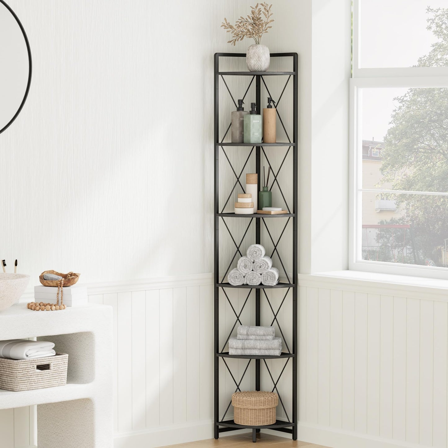 Cerlyunzan 6 Tier Corner Shelf Stand, 78" H Tall Industrial Corner Bookshelf for Living Room Decor, Metal Corner Shelf, Plant Stand Display Shelf for Bedroom, Bathroom, Small Space, Black