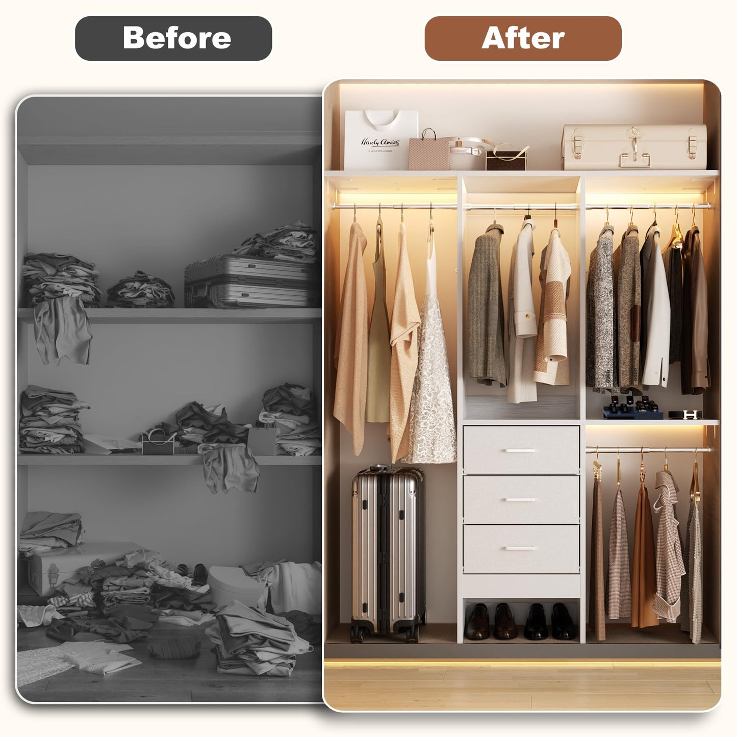 Besiost 4FT Small Closet System with 3 Fabric Drawers, 48'' Closet Organizer System With 3 Adjustable Shelves, Flexible Built-In Clothes Garment Rack for Small Space, 48" L x 13" W x 71" H, White
