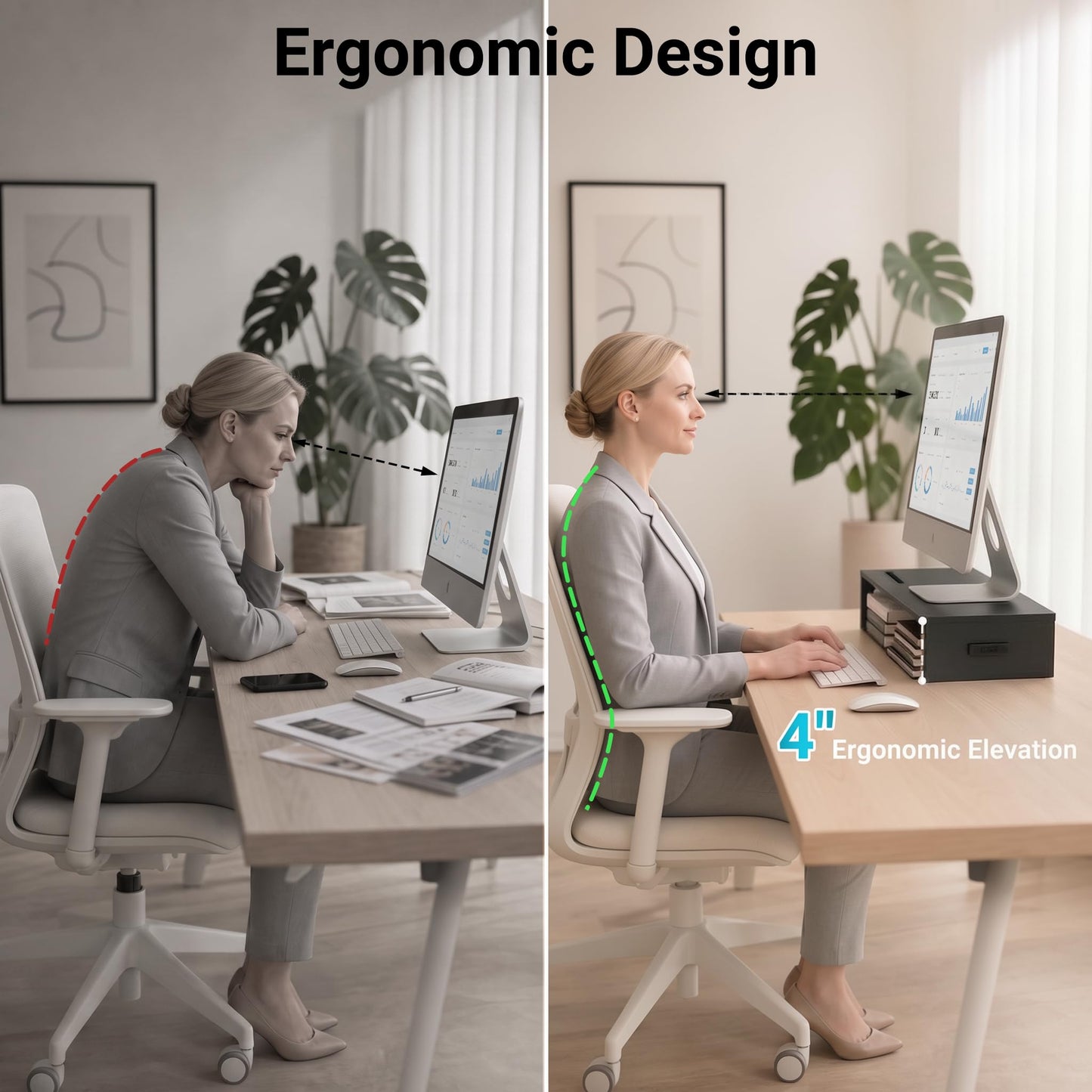 1home Monitor Stand Riser, 16.7 Inch Wood Monitor Riser Stand with Storage Organizer, Desktop Ergonomic Monitor Stand Riser with Cellphone Holder and Cable Management, Black