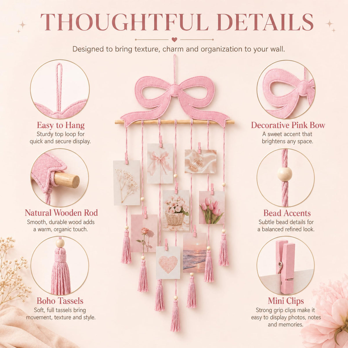 Fiwochic Pink Bow Hanging Photo Display Pink Bow Wall Decor Macrame Wall Hanging Coquette Picture Holder with 30 Clips for Teenage Girl Gift Room Decor Bedroom Graduation Wedding Coquette Party