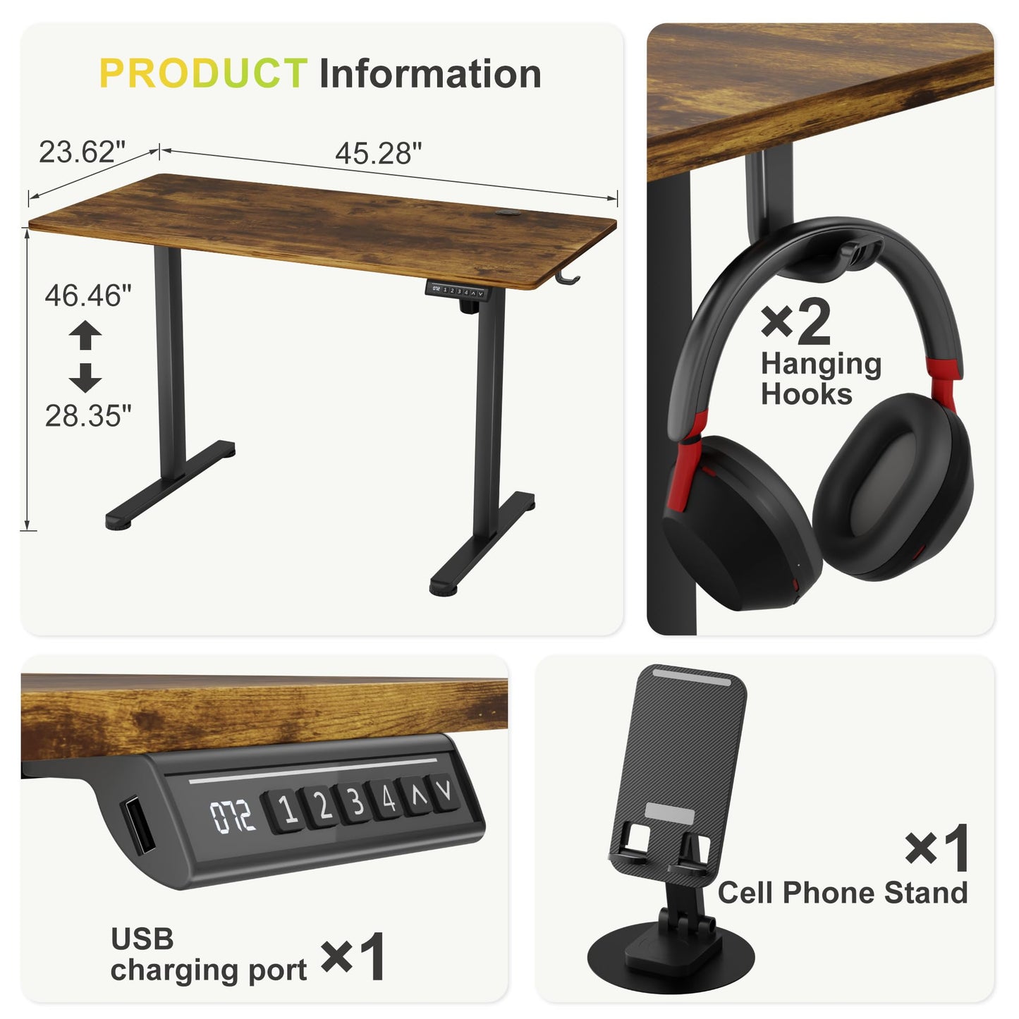 Furmax Electric Standing Desk, 45 x 24 Inches Sit Stand up Desk, Sit Stand Height Adjustable Home Office Desk with 4 Height Position Memory (Rustic Brown, 45)