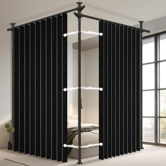 100% Blackout Room Divider Curtains Sets Black 2 Panels W100 x L84in No Drill Curtain Rods(H) 43-120×(W) 35-200 in for Studio Apartment Dorm Office