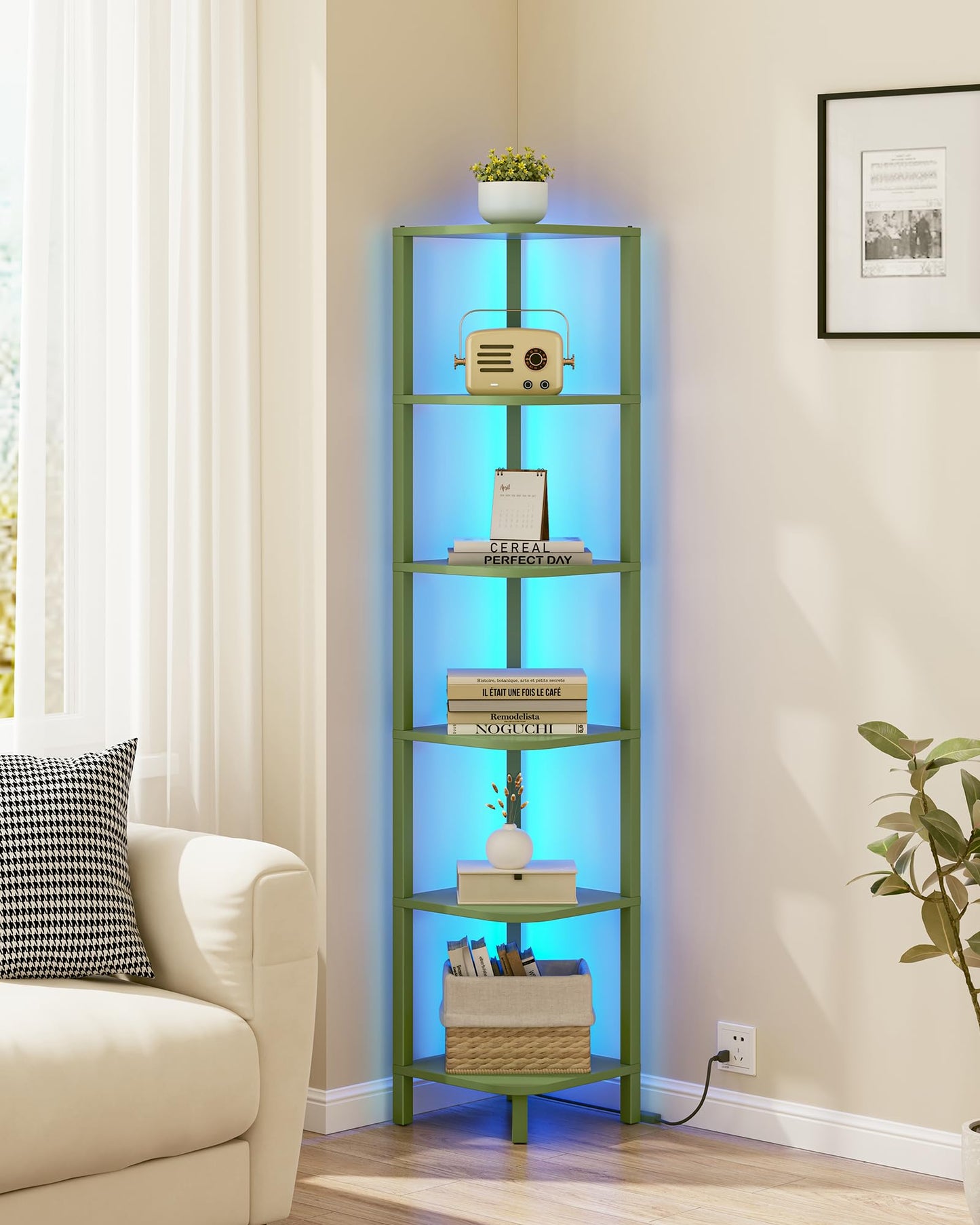 TUTOTAK Corner Shelf with LED Light, 6-Tier Corner Bookshelf for Small Space, Narrow Display Corner Shelf Stand with Storage Rack, for Living Room, Bedroom, Olive Green BS08BOG006L