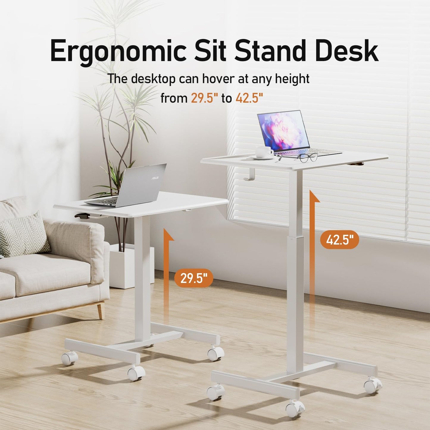 JUNHEDAMAI Mobile Standing Desk Adjustable Height, Portable Rolling Laptop Desk with Lockable Wheels and Hook, Sit Stand Up Desk, Standing Rolling Cart Desk with Gas Spring for Home, Office, Hospital