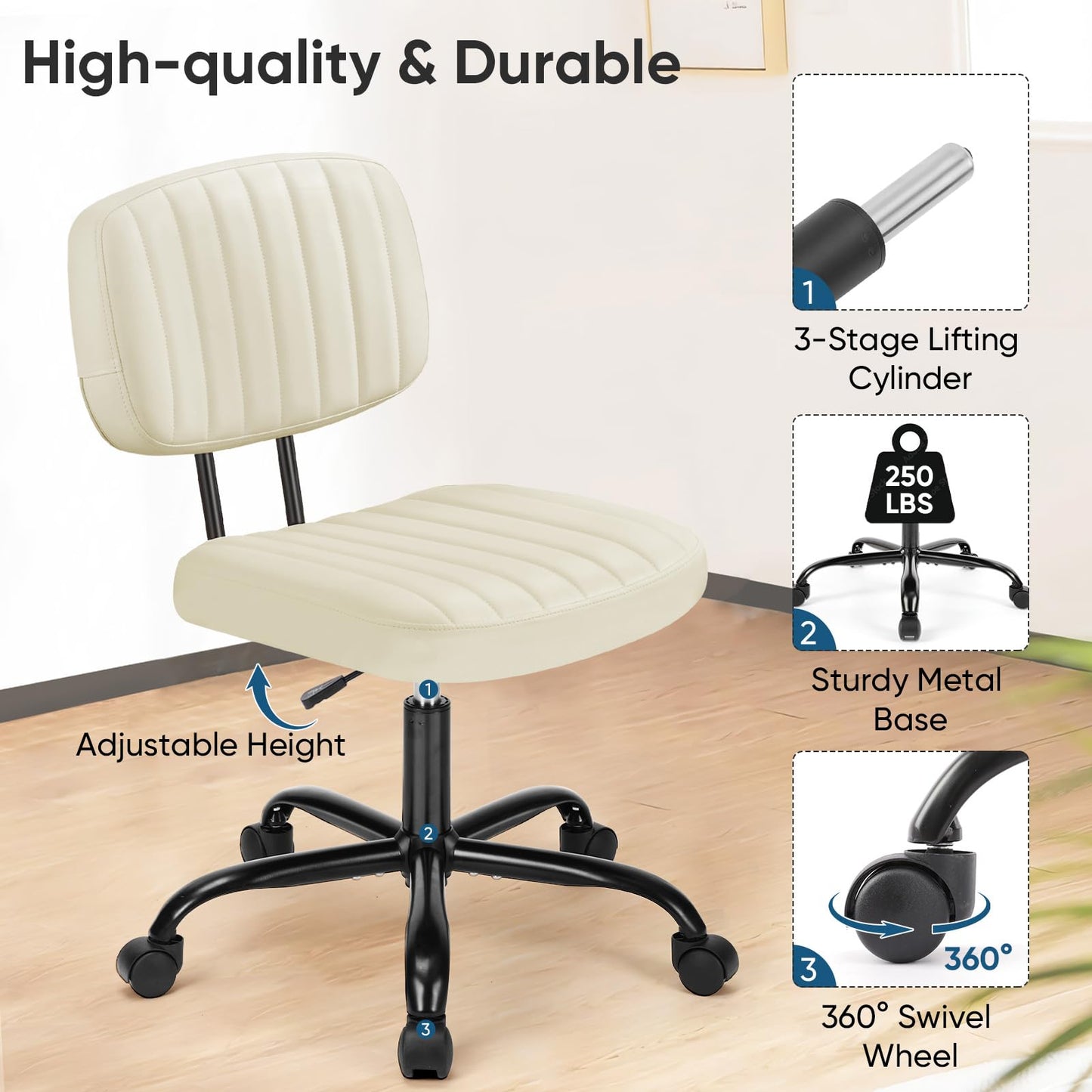 DUMOS Armless Home Office Desk Chair -Small Ergonomic with Low Back Lumbar Support, Height Adjustable PU Leather Computer Task with 360° Swivel Rolling Wheels, for Small Space, Beige White