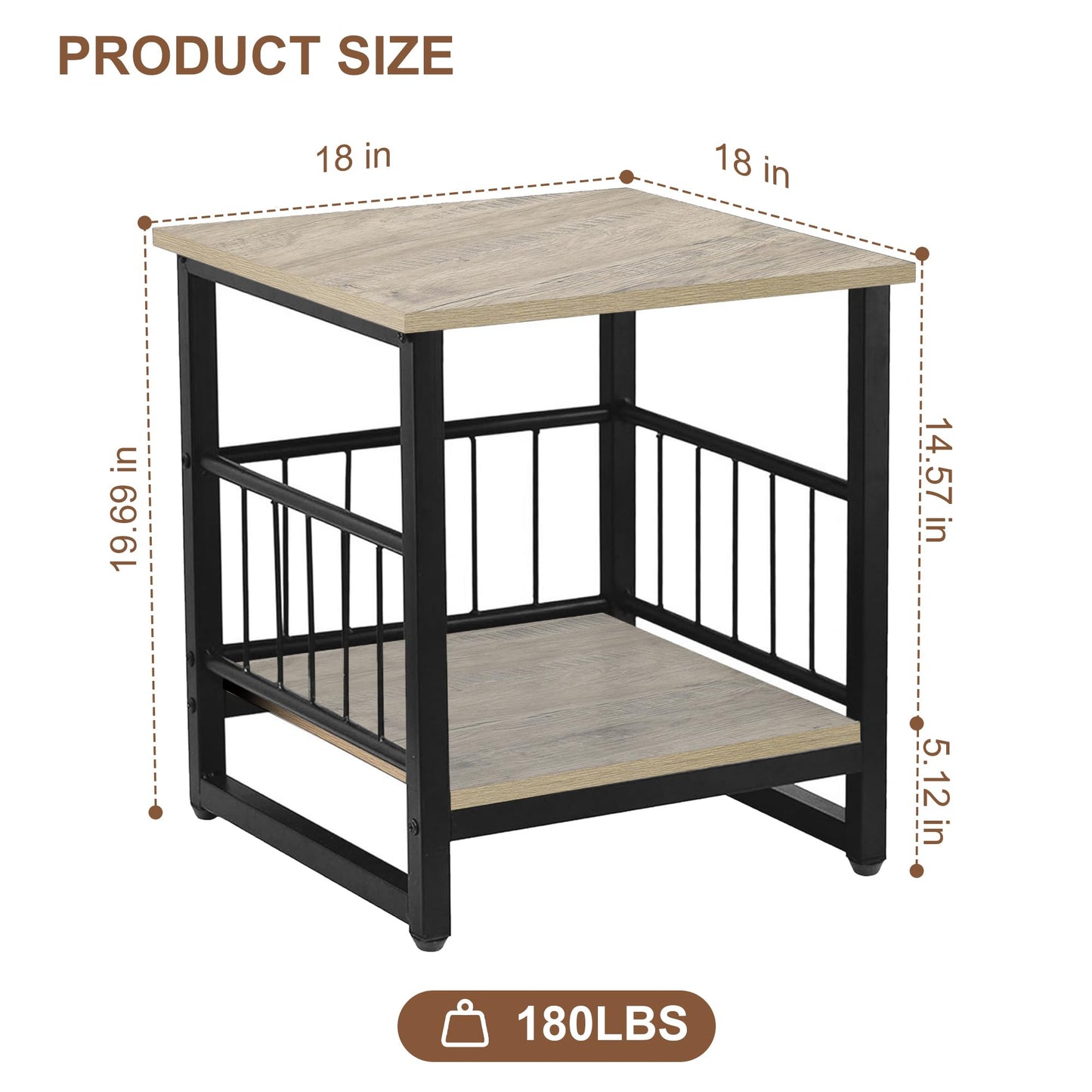 DHMAKER End Table, Industrial Side Table with 2-Tire Storage Shelf, 180LBS Mini Fridge Stand with Adjustable Feet, 18"x18" Wood Night Stand Small Bedside Table for Living Room Bedroom, Grey