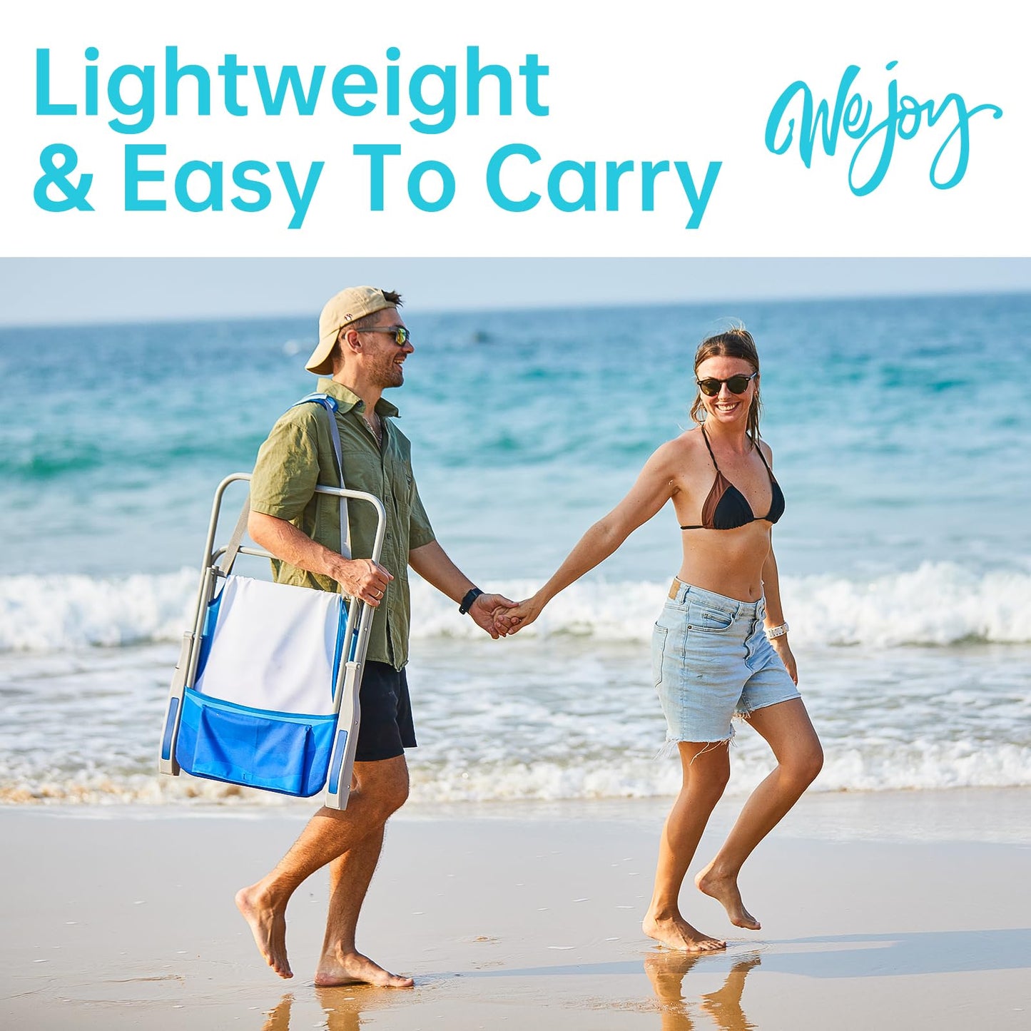 #WEJOY Folding Beach Chair for Adults, Lightweight Beach Chair with Shoulder Straps, High Back Camping Chairs with Hard Armrest, Supports 300lbs for Outdoor Lawn Concert (Dark Blue White)
