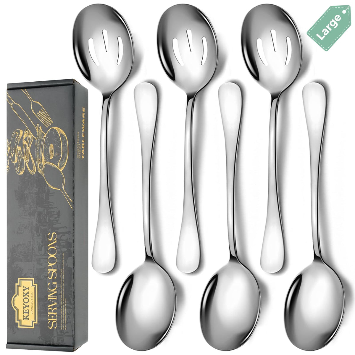 Keyoxy Stainless Steel Serving Spoons Set, 6pc, 10-Inch, Includes 3 Large, 3 Slotted, for Parties/Kitchen/Buffet/Catering, Dishwasher Safe