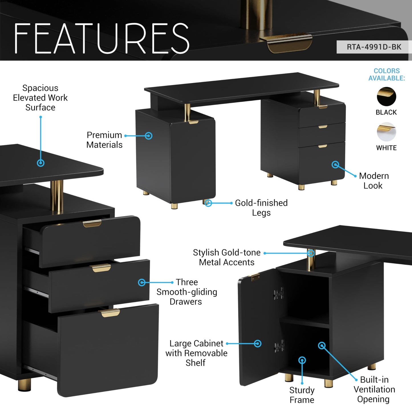 Elegant 57" W Executive Desk with 3 Drawers and Storage Cabinet, Modern Office Desk with Gold Accents, Floating Work Surface, Closed Storage with Ventilation & Adjustable Shelf (Black,Gold)