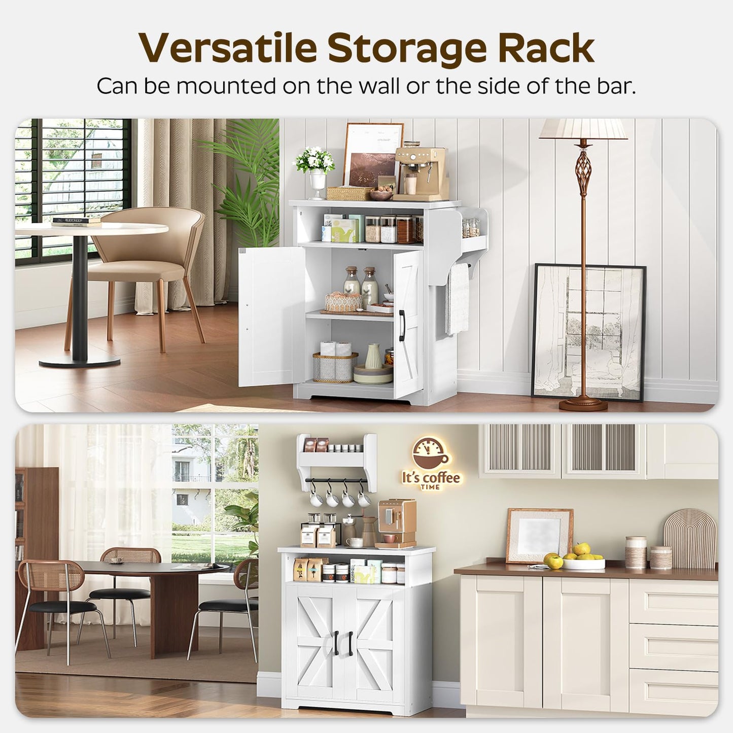 YATINEY Coffee Bar Cabinet, Kitchen Island with Storage, Farmhouse Sideboard Buffet Cabinet with Dual-Purpose Floating Shelf and Hooks, for Kitchen, Restaurant, Living Room, White KF22WT