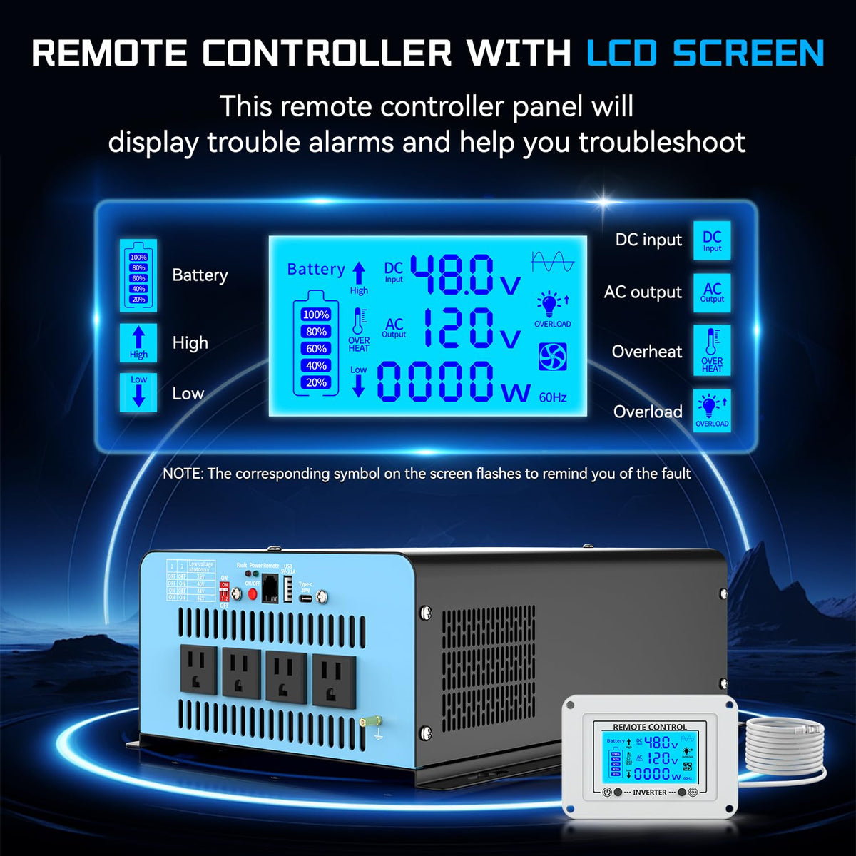 48V 2500W Pure Sine Wave Inverter 48V DC to 110V AC, 5000W Peak Power, 4 AC Outlets, USB & Type-C Port, Adjustable Input for Lithium Battery, Solar/Off-Grid Backup with LCD Remote