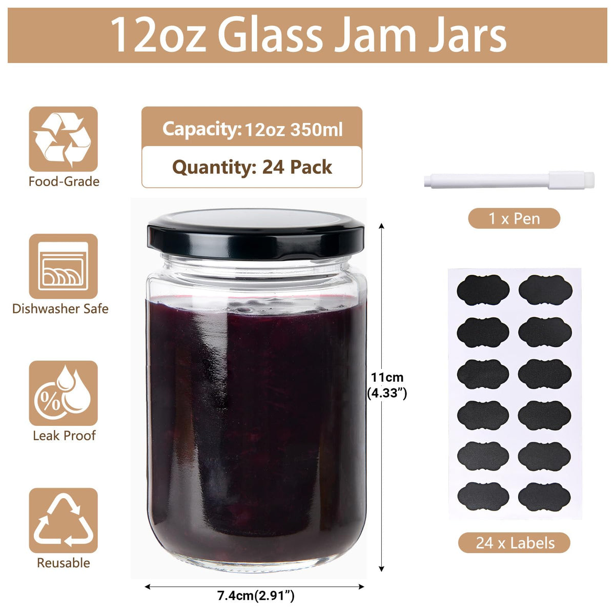 BPFY 24Pack 12oz Glass Jars with Lids, 350ml Clear Candle Jars for Making Candles, Reusable & Dishwasher Safe Manson Canning Jar Bulk for Jam, Jelly, Honey, Pickles, Spice