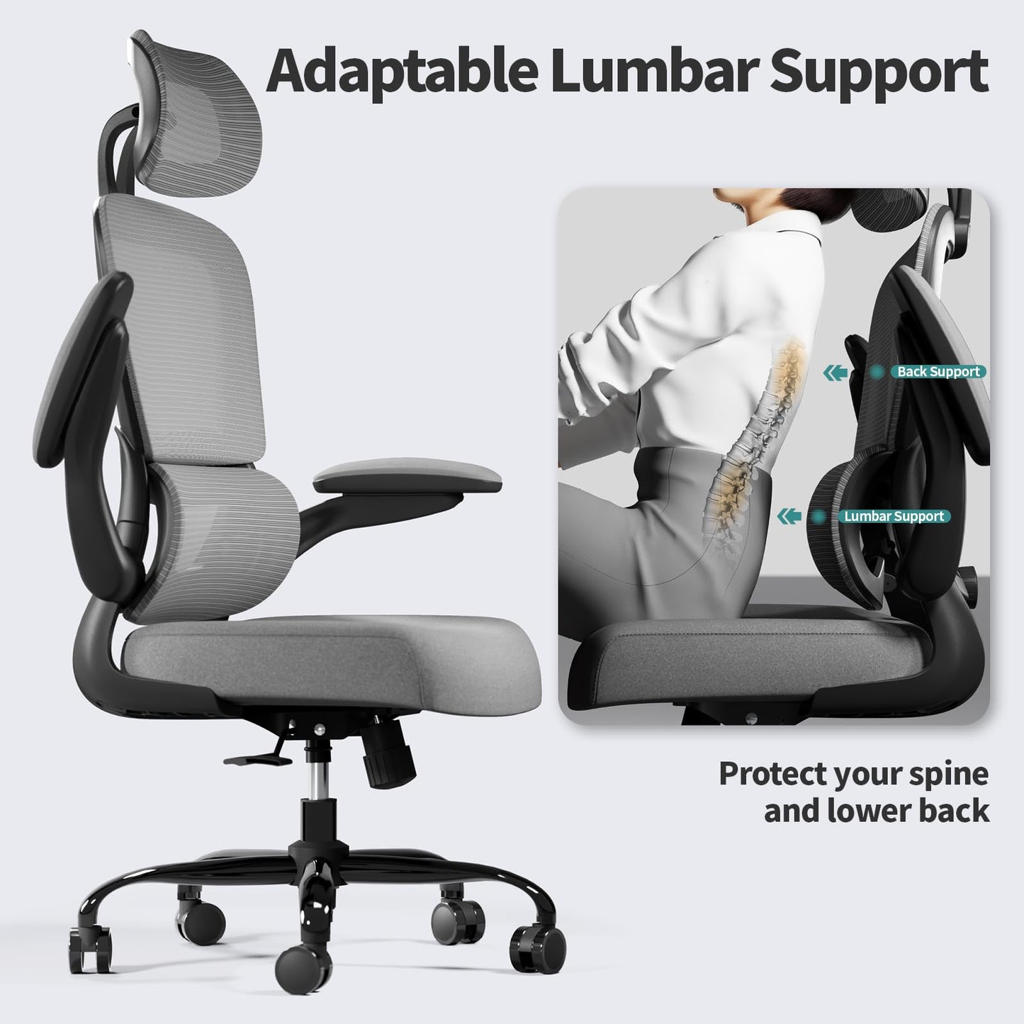 TRALT Office Chair Ergonomic Desk Chair, 330 LBS Home Mesh Office Desk Chairs with Wheels, Comfortable Gaming Chairs (Black Grey)
