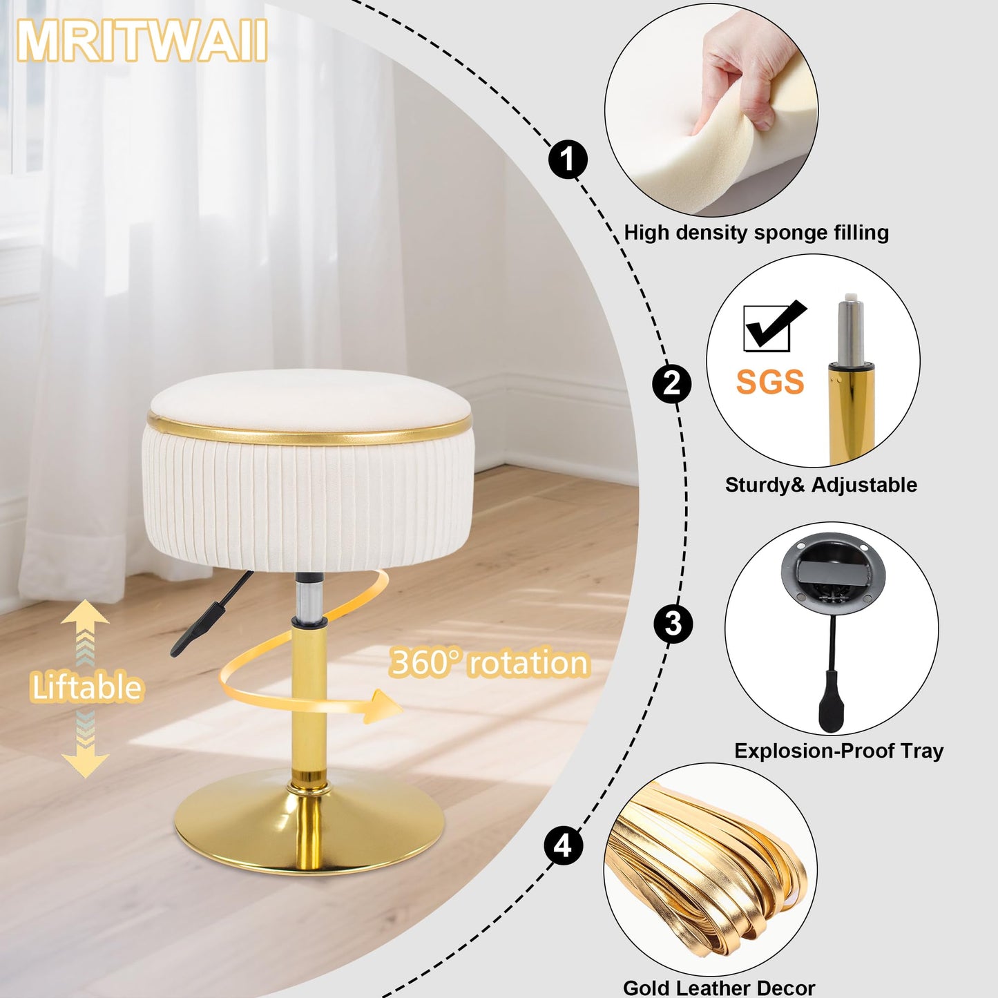 MRITWAII Adjustable Vanity Stool with Storage, 360° Swivel Makeup Stool Chair Small Velvet Round Ottoman with Gold Base for Bedroom (Beige)