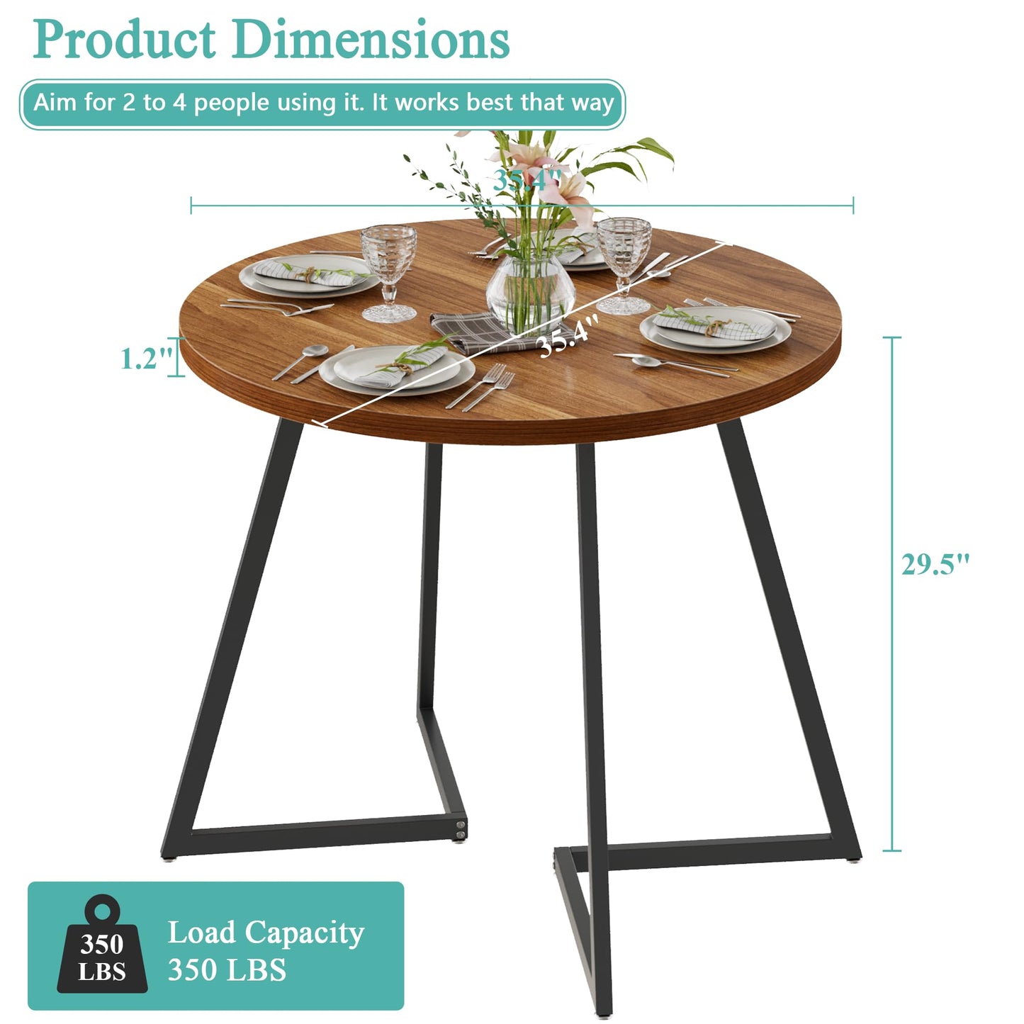 VECELO 35" Round Dining Table for 4, Wood-Grain Tabletop & Heavy-Duty Steel Frame, for Kitchen, Living Room, Easy Assembly, Walnut