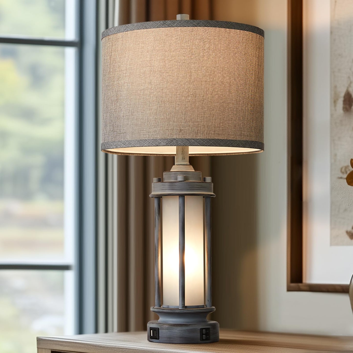 AIEAMPDO 25" Rustic Farmhouse Nightstand Lamp with 2 USB C+A Ports