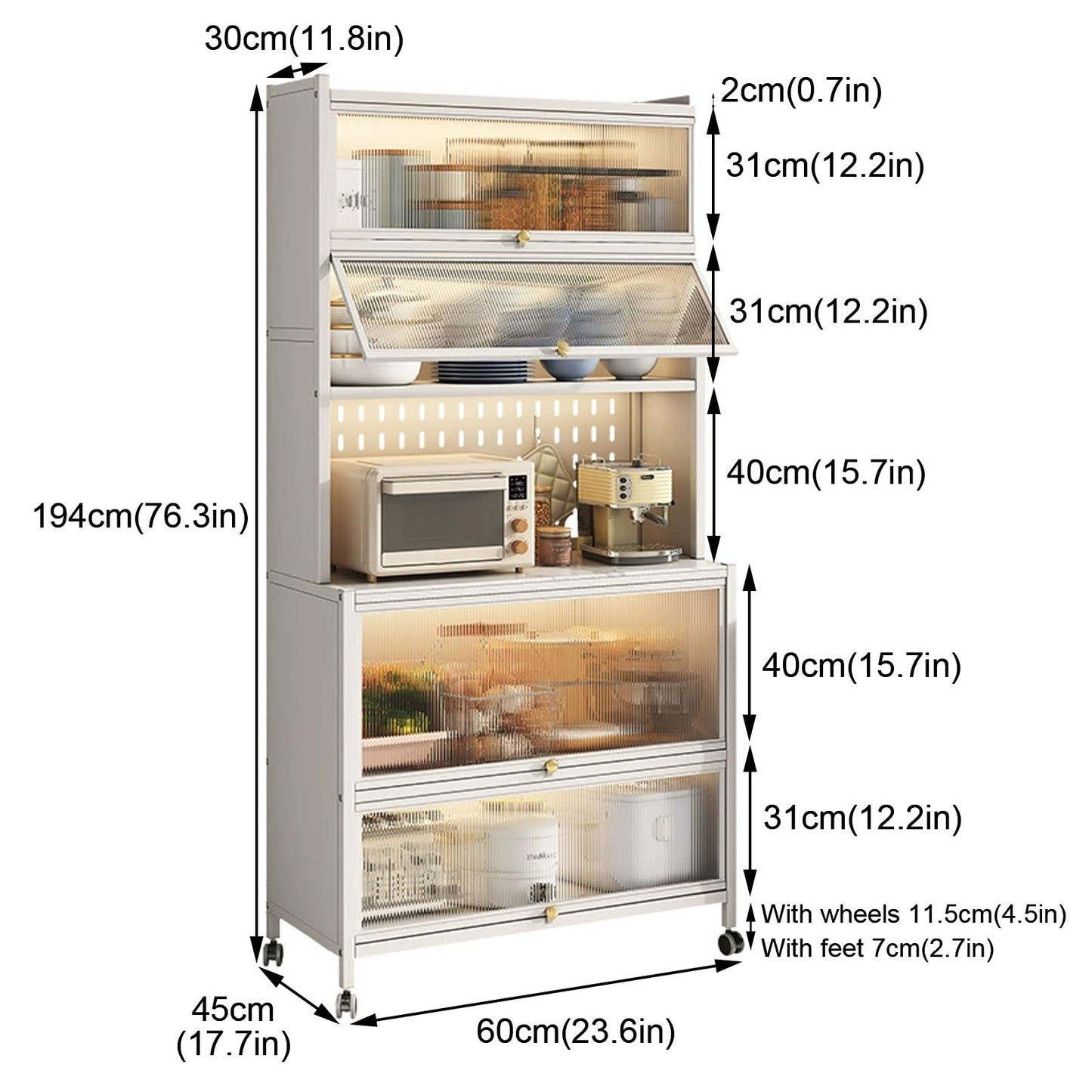 Freestanding Multi-Layer Kitchen Floor Cupboard，Microwave Storage Stand,Kitchen Baker's Rack with Flip Door Cabinet, 6-Tier Microwave Stand 4 Hooks, Kitchen Storage Rack, for Home, Office, P