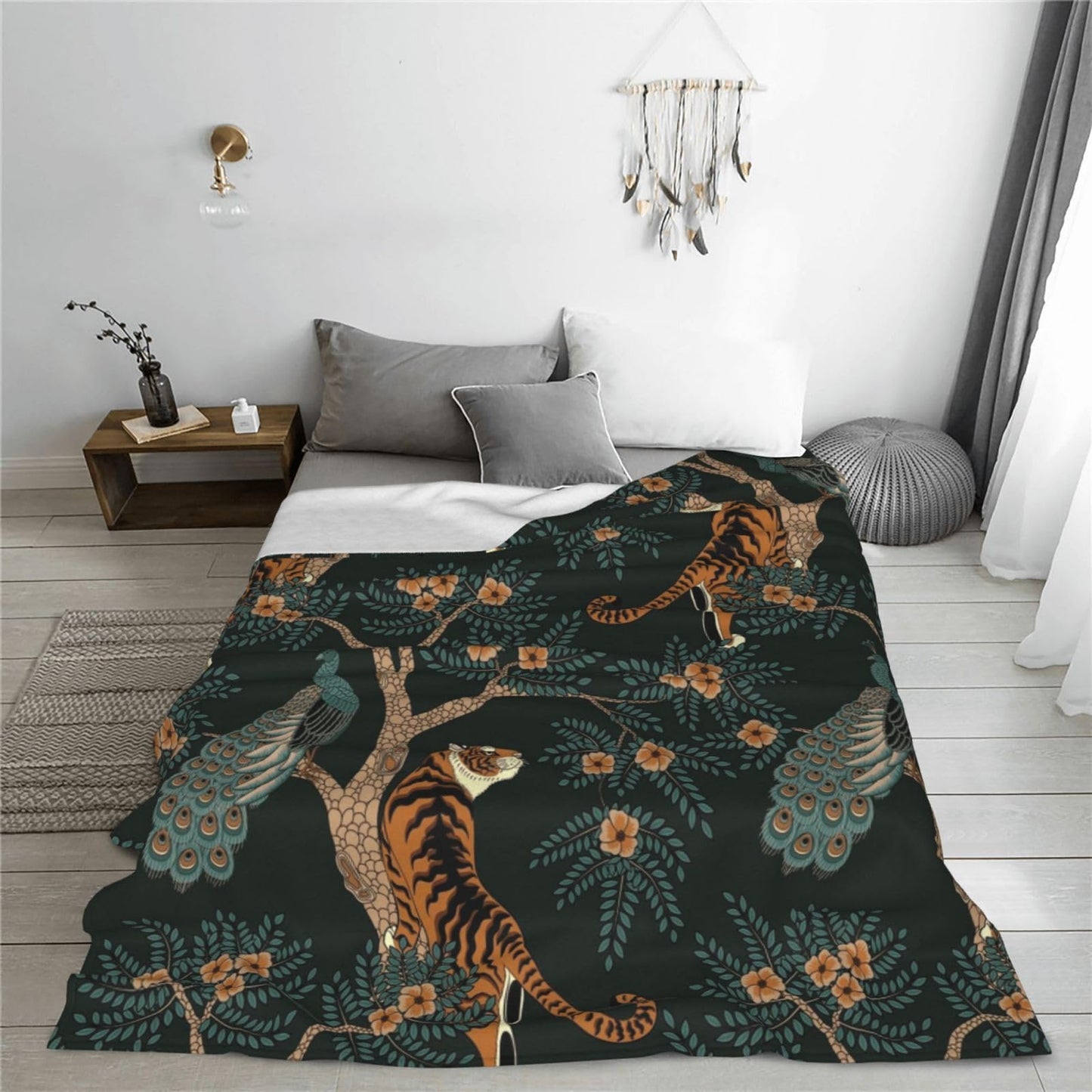 Tiger and Peacock Throw Blanket 50"X40" Lightweight Flannel Throws Blankets for Couch Bed Sofa Living Room Bedroom Home Decor,Soft Cozy Fluffy Fuzzy Plush Blanket for All Season