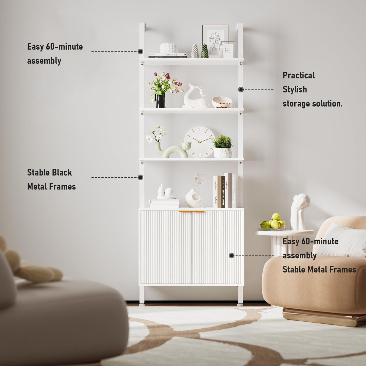 INNOD 74" Tall Bookshelf with Storage Cabinet, Modern Ladder Shelf with Wood and Metal Frame, Wall Mount Bookcase Open Display Shelf Furniture for Living Room, Bedroom, Home Office, White
