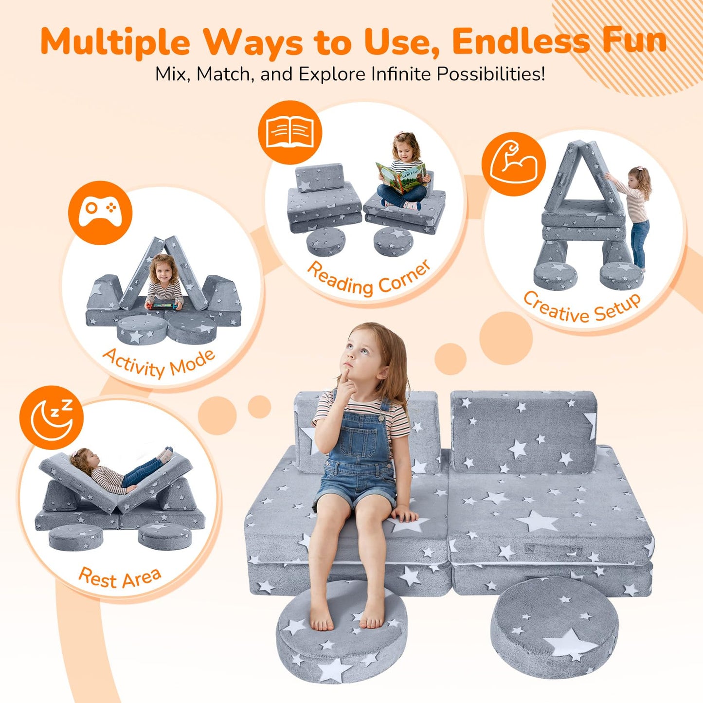 MeMoreCool Kids Couch, Glow in the Dark Star Modular Play Couch, Ages 3+