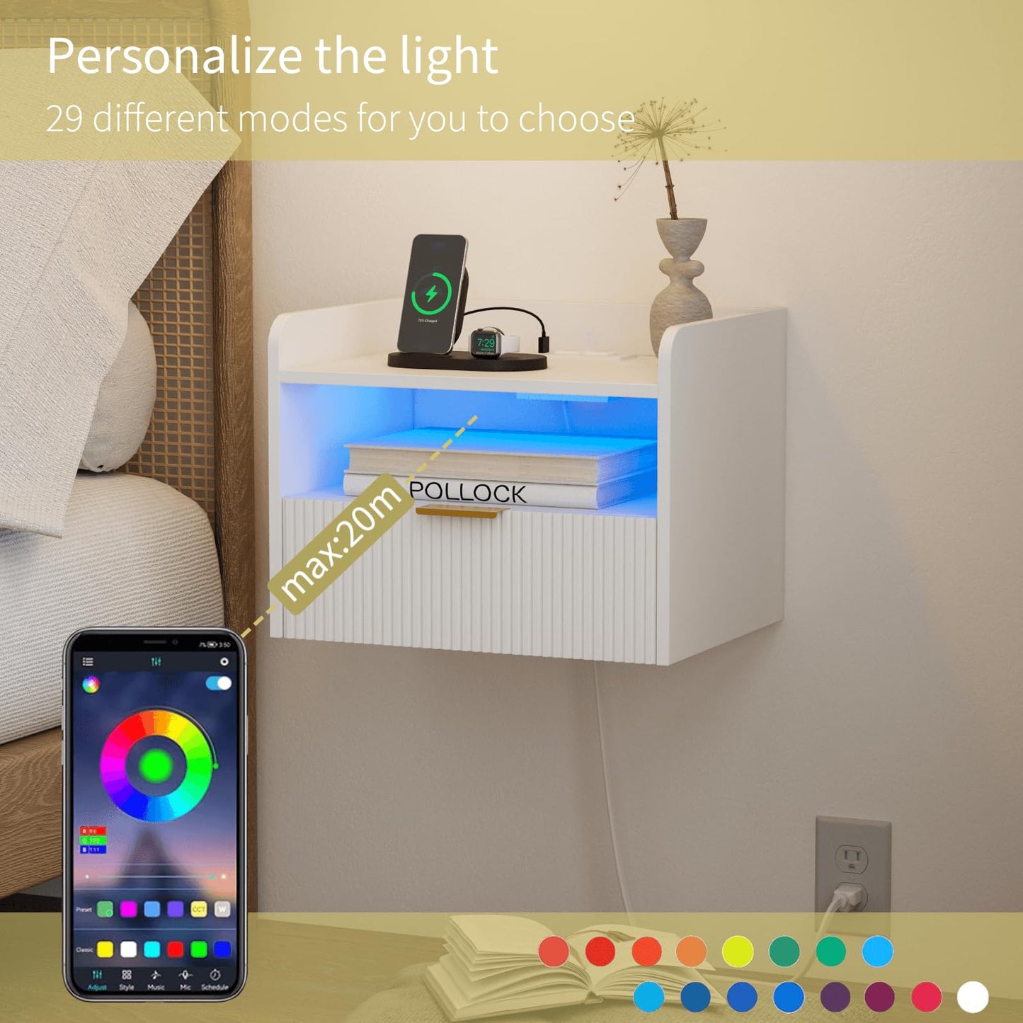 Veegle White Floating Nightstand with Charging Station and LED Lights (White)