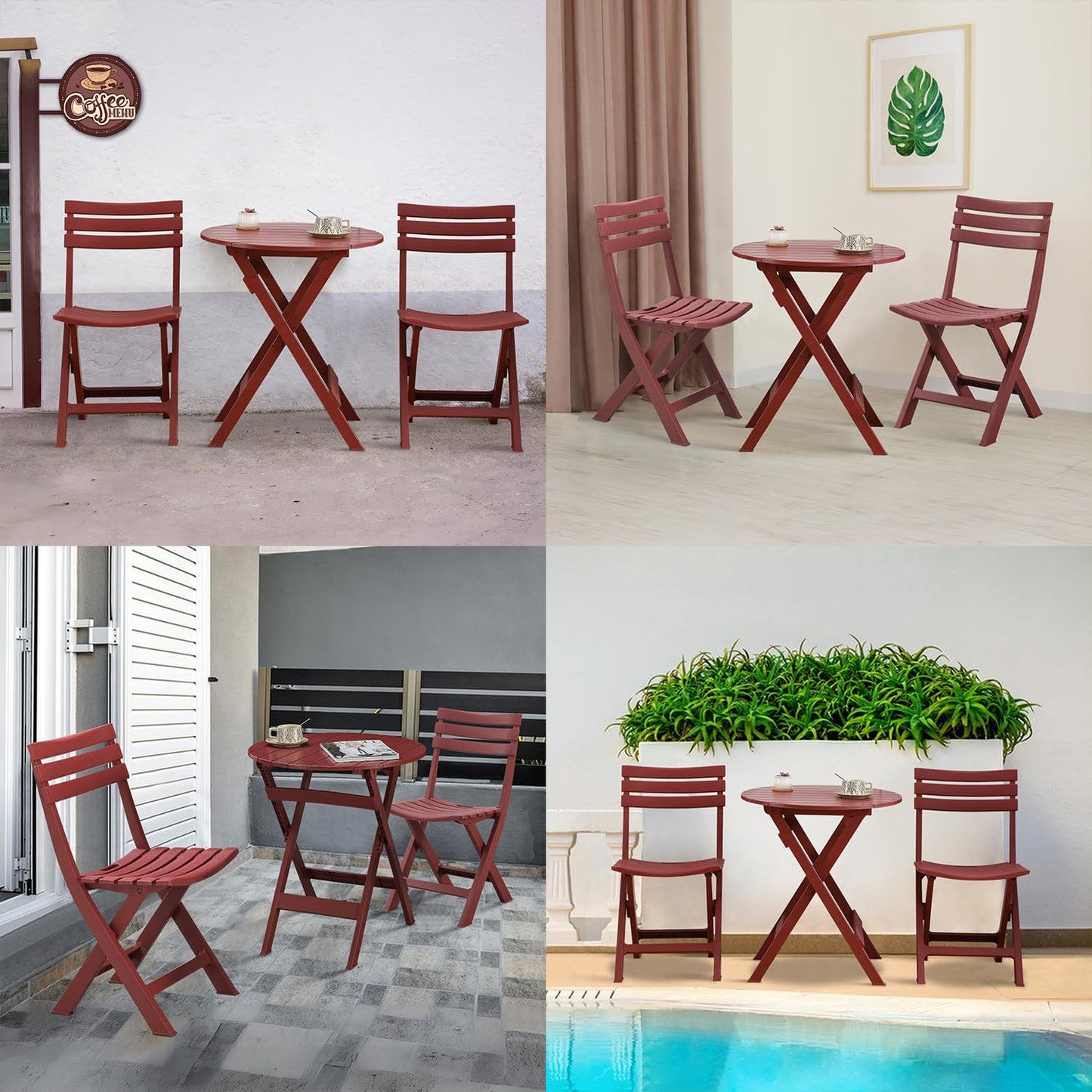 KAIHAOWIN Folding Bistro Set Foldable Outdoor Cafe Table and Chairs for 2 Small Furniture 3-Piece Porch Backyard Balcony Garden Patio-Red