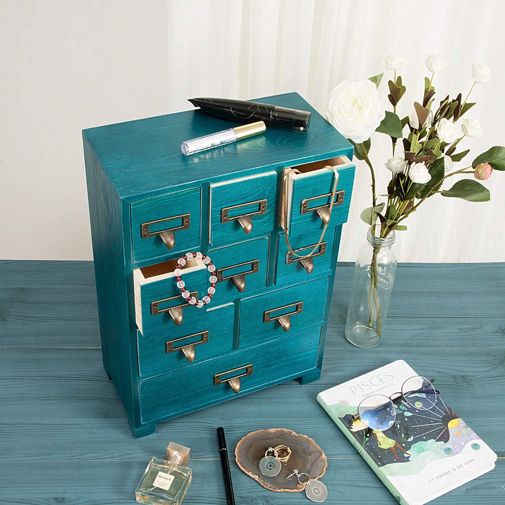 PACKGILO Apothecary Cabinet with 9 Drawers & Labels Rustic Library Card Catalog Cabinet Desktop Wooden Storage Box for Organize Herbal、Tea Bag、Jewelry (Blue)