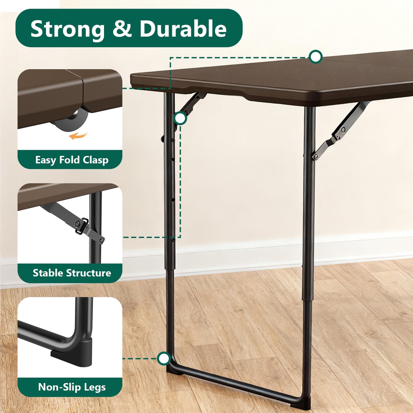 FurniEdge Folding Table 4FT Heavy Duty Plastic Table with Handle, Foldable&Portable, Fold-in-Half Utility Tables for Outdoor, Dining, Wedding, Events, Indoor, Picnic, Camping, Party, Brown
