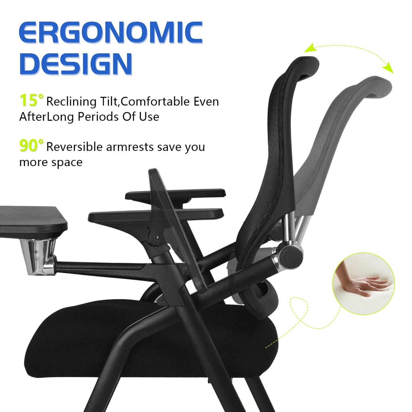 BLANEDUO Updated Conference Room Chairs with Tablet Arm, Folding Office Desk Chair with Lumbar Support and Sliding Armrest with Casters, Stackable Office Guest Chairs & Reception Chairs, 1 Pack Black