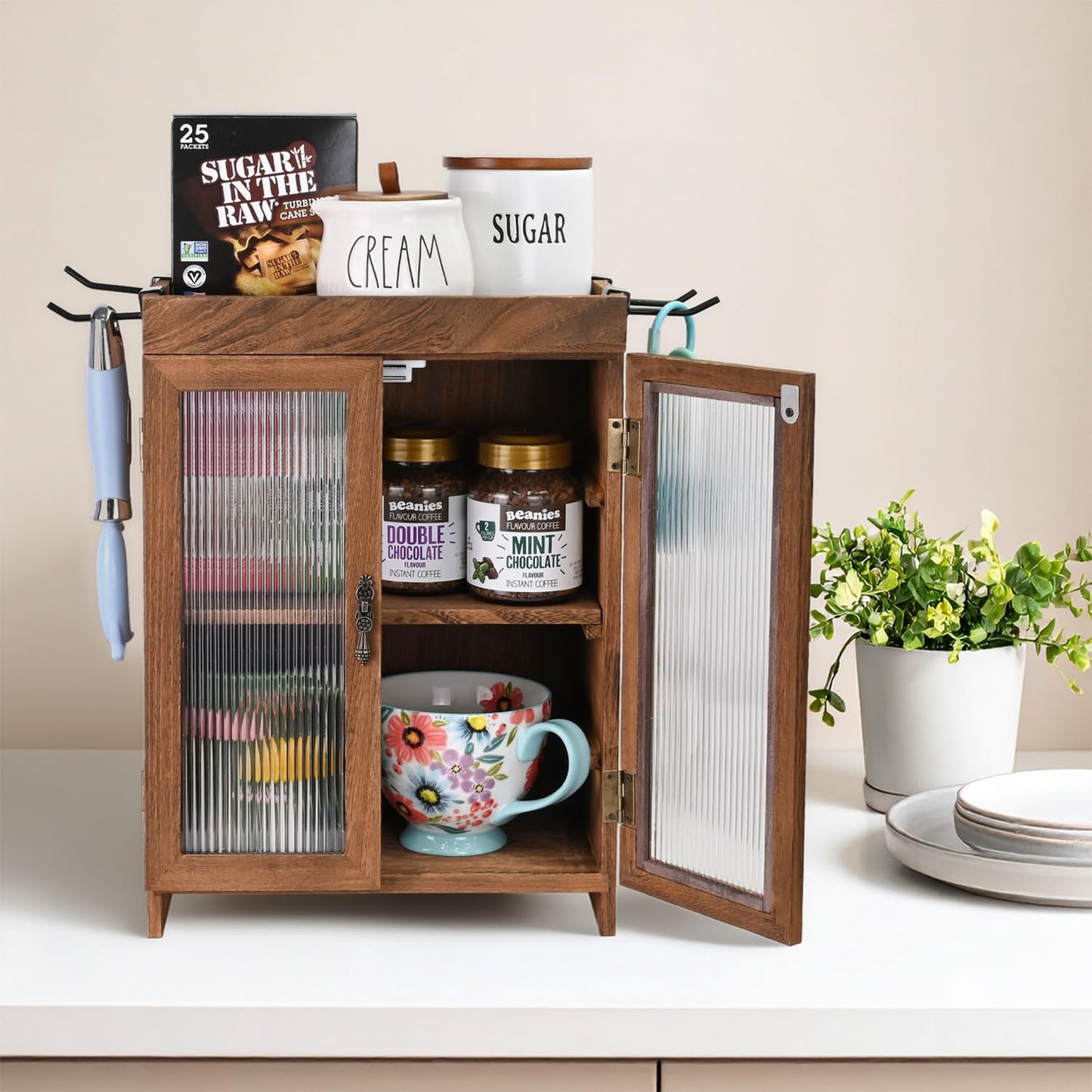 Ikee Design Wooden Countertop Storage Cabinet with Wavy Magnetic Door, Adjustable Shelves, Removable Hooks. Perfect for Perfume, Figurines, and Coffee Cups, Brown Color, 10.4 W x 6.1 D x 14.4 H in