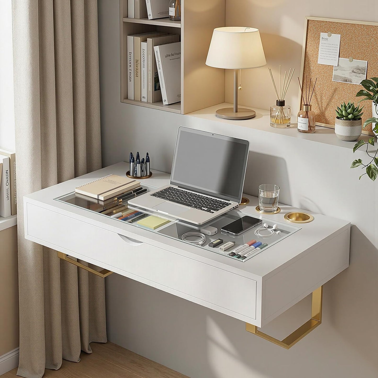 MIUJOTI Floating Vanity Makeup Table, 31 inch Wall Mounted Desk for Bedroom Dressing Room, Vanity Shelf with Drawer, White