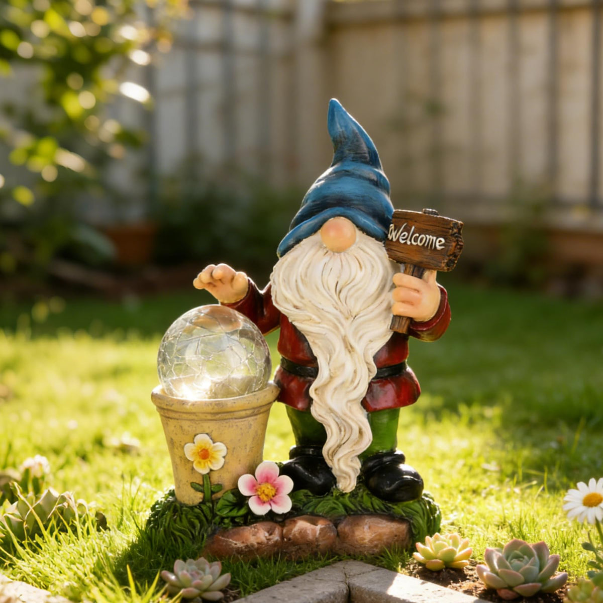 DiliComing Solar Garden Gnomes Outdoor Statues - Cute Gnome Statue with Welcome for Yard Patio Porch Lawn, Resin Gnome Figurine with Solar Light for Thanksgiving and Christmas