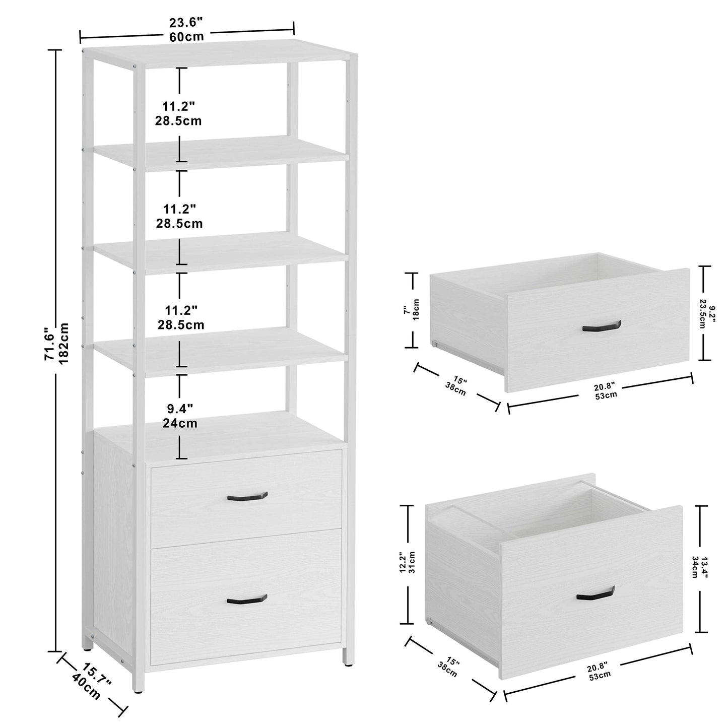 IRONCK Industrial Bookcase with File Cabinet Drawers, 71.6 in Tall Bookshelf 5 Tier, Freestanding Storage Home Office Cabinet Organizer, Rustic Home Decor, White