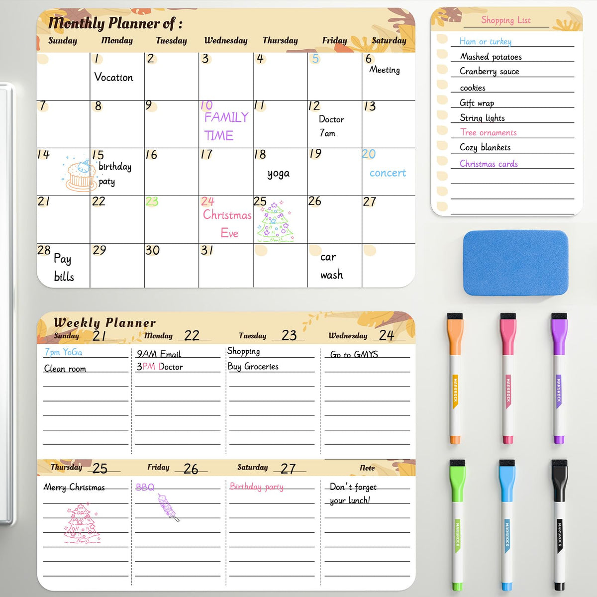 Marsrock Dry Erase Magnetic Calendar for Refrigerator (3 Pack) - Monthly & Weekly & Daily Planner Magnet Whiteboard for Fridge - Shopping, to Do List, Meal/Menu, Planning Board, 14"x11", Yellow