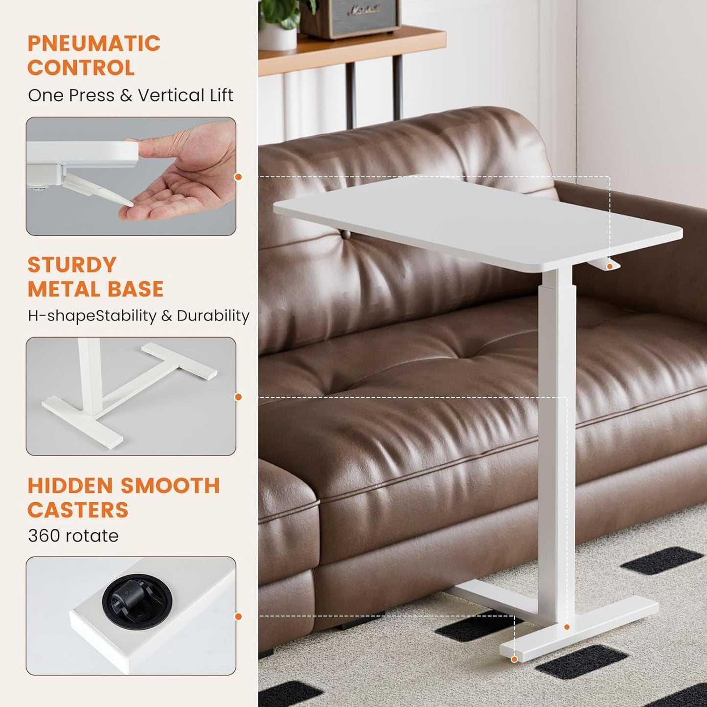 Sweetcrispy Overbed Bedside Table with Wheels, Adjustable Hospital & Home Use Bed Table, Rolling Laptop Table, Mobile Standing Desk, White