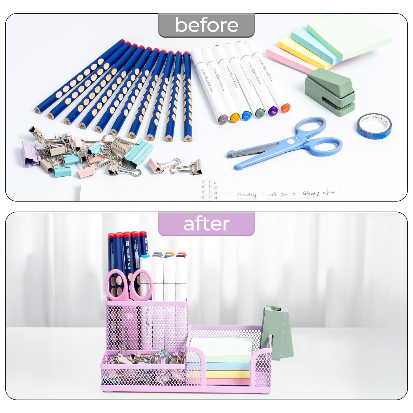 M&G Mesh Pen Holder Desk Organizers Pencil Holder for Desk Purple, 3 Compartments Metal Office Supply Organizer with Sticky Notes Holder for Home Office