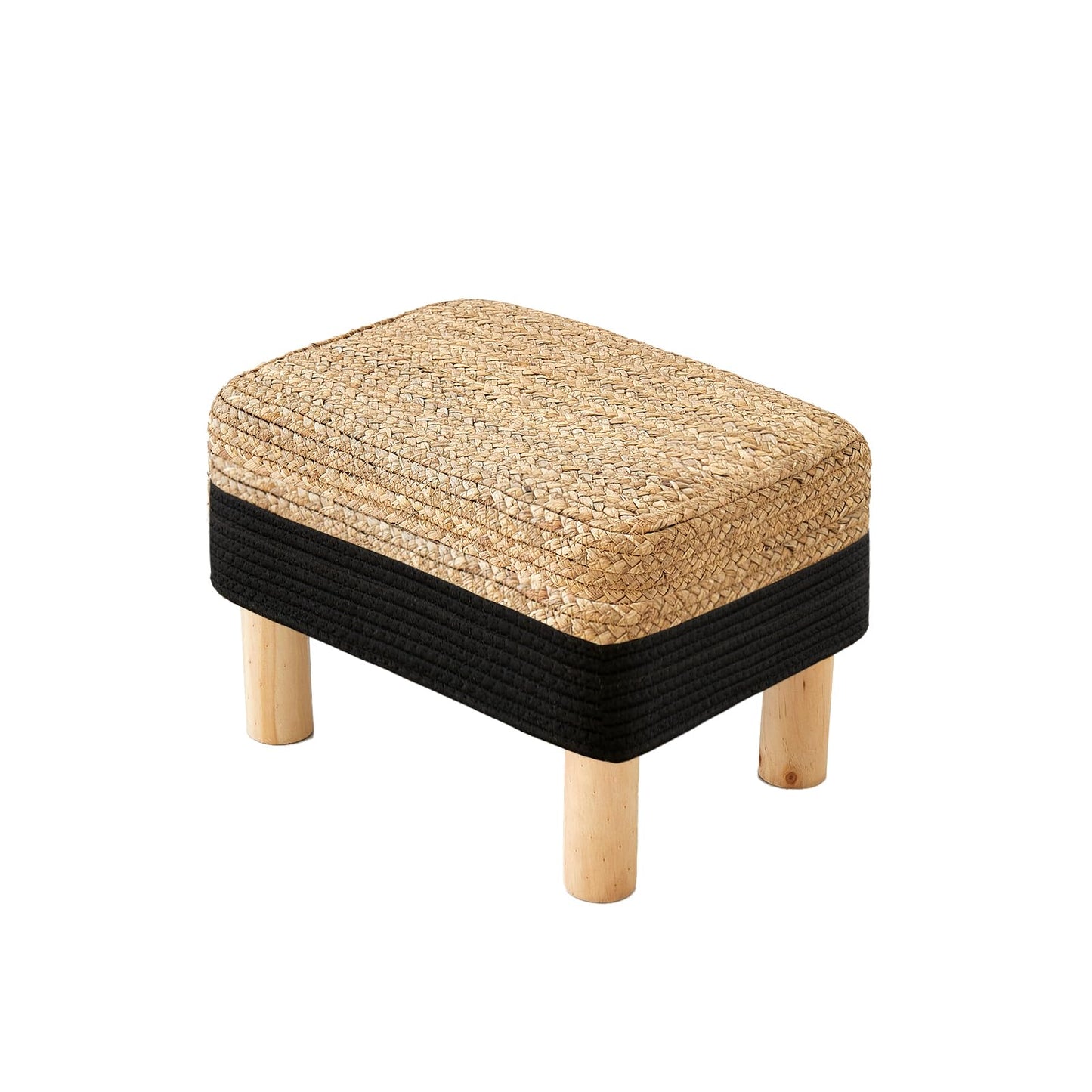 ALeesing Ottoman Foot Stool Rectangular Footrest Natural Seagrass Footstool with Wooden Legs Hand Weave Multifunctional Modern Dressing Stool, Sofa Side Table for Bedroom for Living Room (Black)